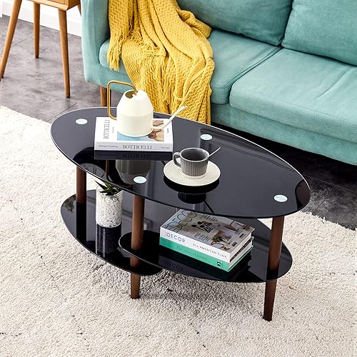 Miniatura 9 de Meihua Mesa de centro ovalada de vidrio para sala de estar, mesa de centro transparente con patas de madera, mesa decorativa moderna para oficina en