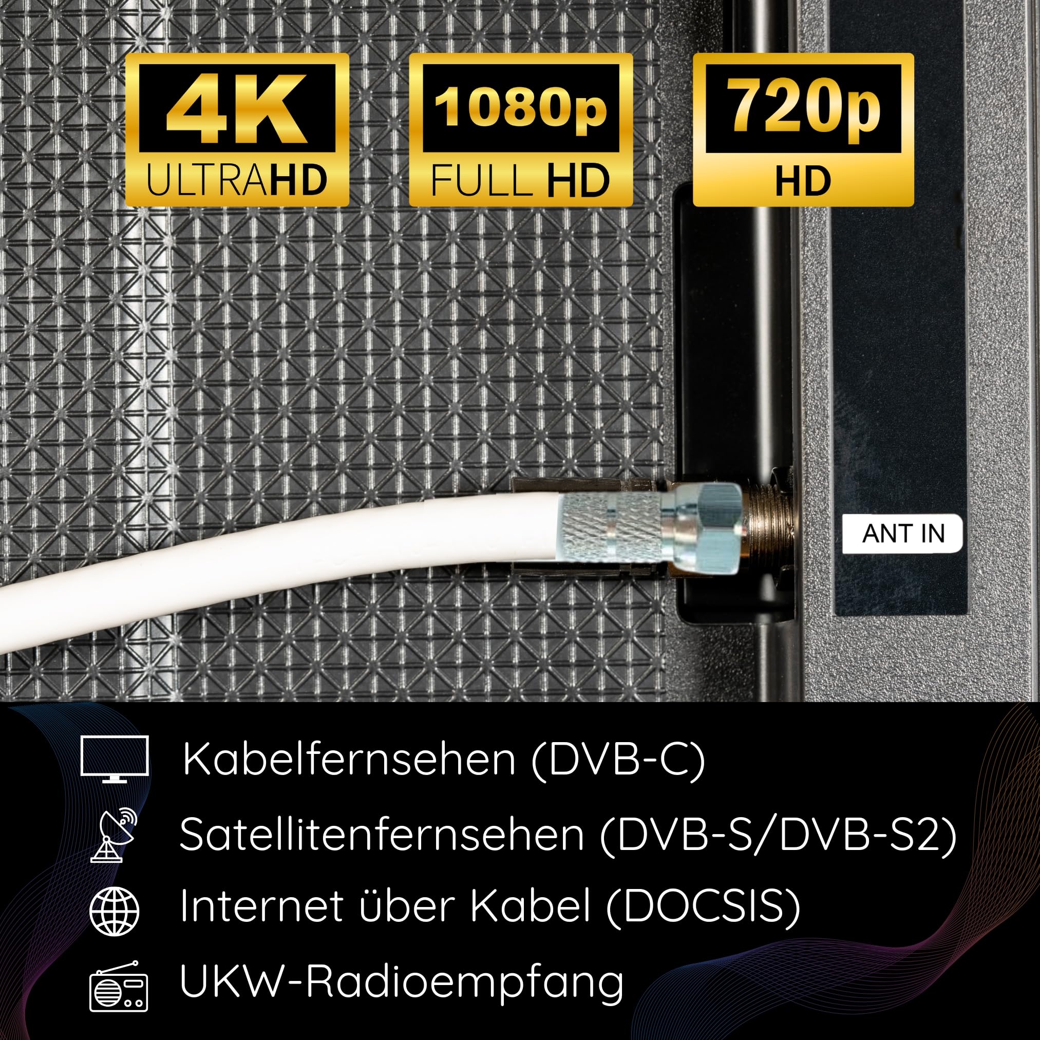 SCHWAIGER 9598 - Cavo coassiale 50 m, 135 dB, cavo antenna satellitare, 75 ohm, schermato, resistente all'umidità, 8,2 mm, diametro cavo bianco, con spina F