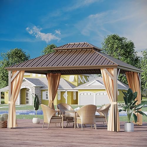 Cenador permanente de techo rígido de 10 x 12 pies, toldo de pérgola de pabellón de doble techo de acero galvanizado para exteriores, con marco de