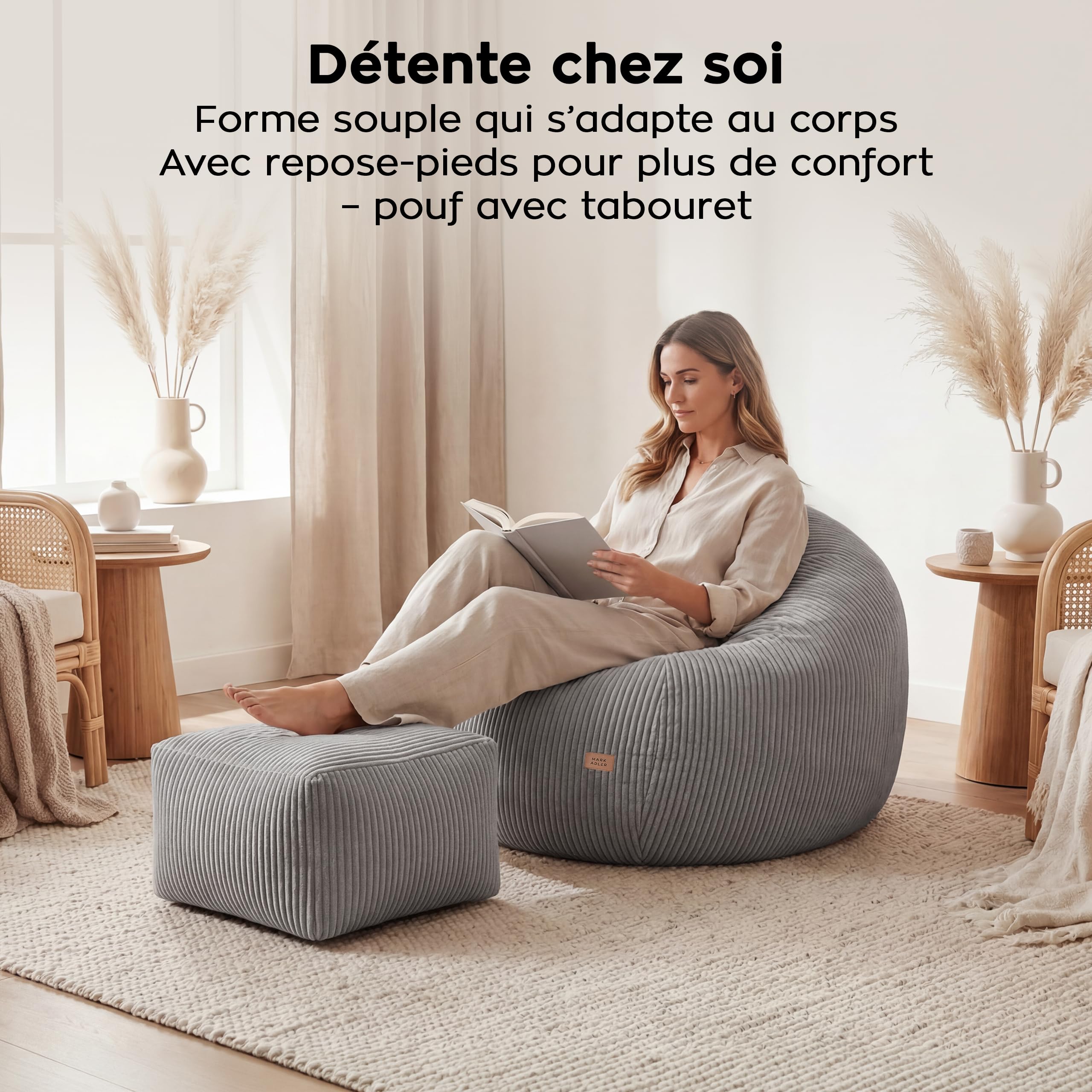 MARK ADLER Comfy 3.0 Fauteuil Pouf XXL avec Repose-Pieds en Velours Côtelé – Ensemble Siège de Sol – Bean Bag Salon Moelleux avec Poche et Poignée - Idéal pour, Terrasse et Jardin – Gris
