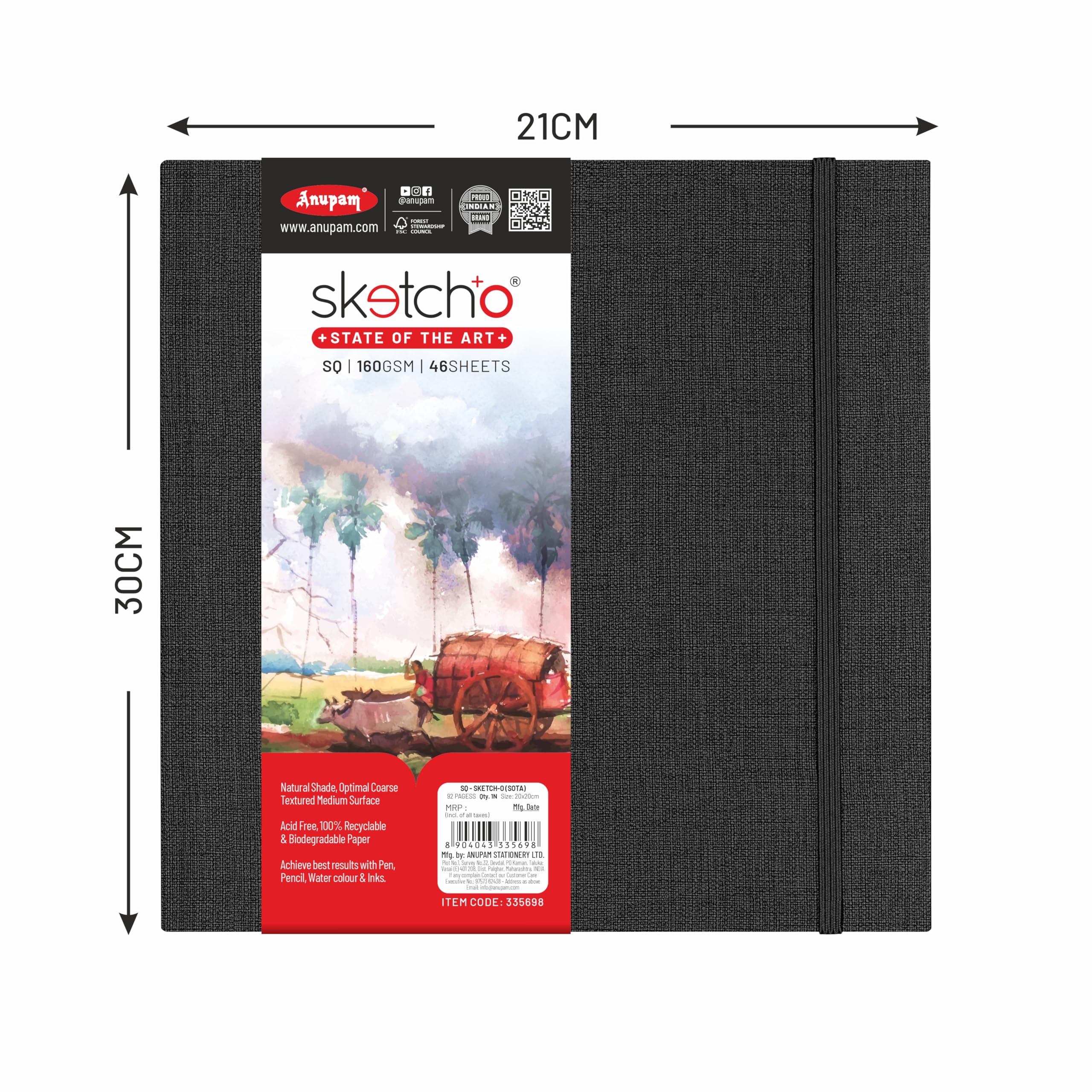 Sketcho Sota - Cuaderno de dibujo cuadrado, 100% reciclado, tapa dura, apertura vertical, 160 g/m², sin ácidos, 46 hojas/92 páginas, multicolor
