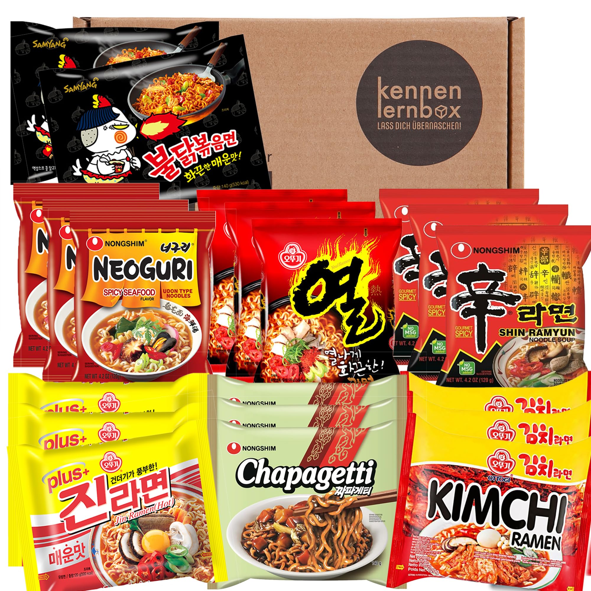 Kennenlernbox 20er Ramen Mix | 7 oder 8 verschiedene Sorten, ausgewähter Mix aus vielseitigen Geschmacksrichtungen | Koreanische Buldak Instant-Nudeln Geschenkbox