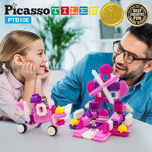 Miniatura 3 de PicassoTiles Hedgeho Lock Bloques de construcción Azulejos 106 piezas + 41 piezas, juego temático de castillo rosa con figuras humanas, juego de