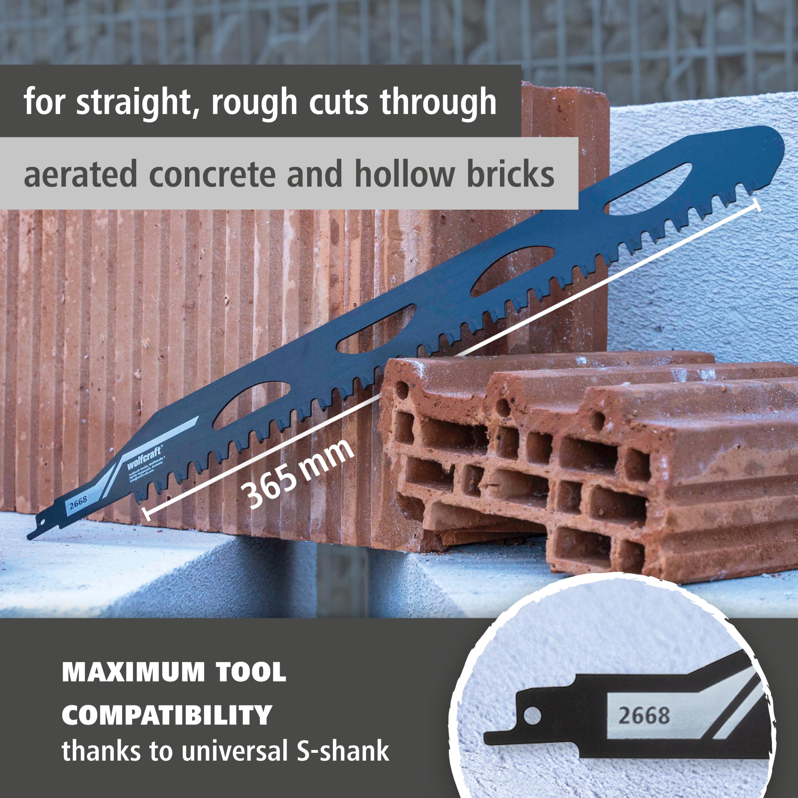 wolfcraft Sabre Saw Blade, TC Tipped, Aerated Concrete and Hollow Bricks, Straight Cut, 266800 - Image 2