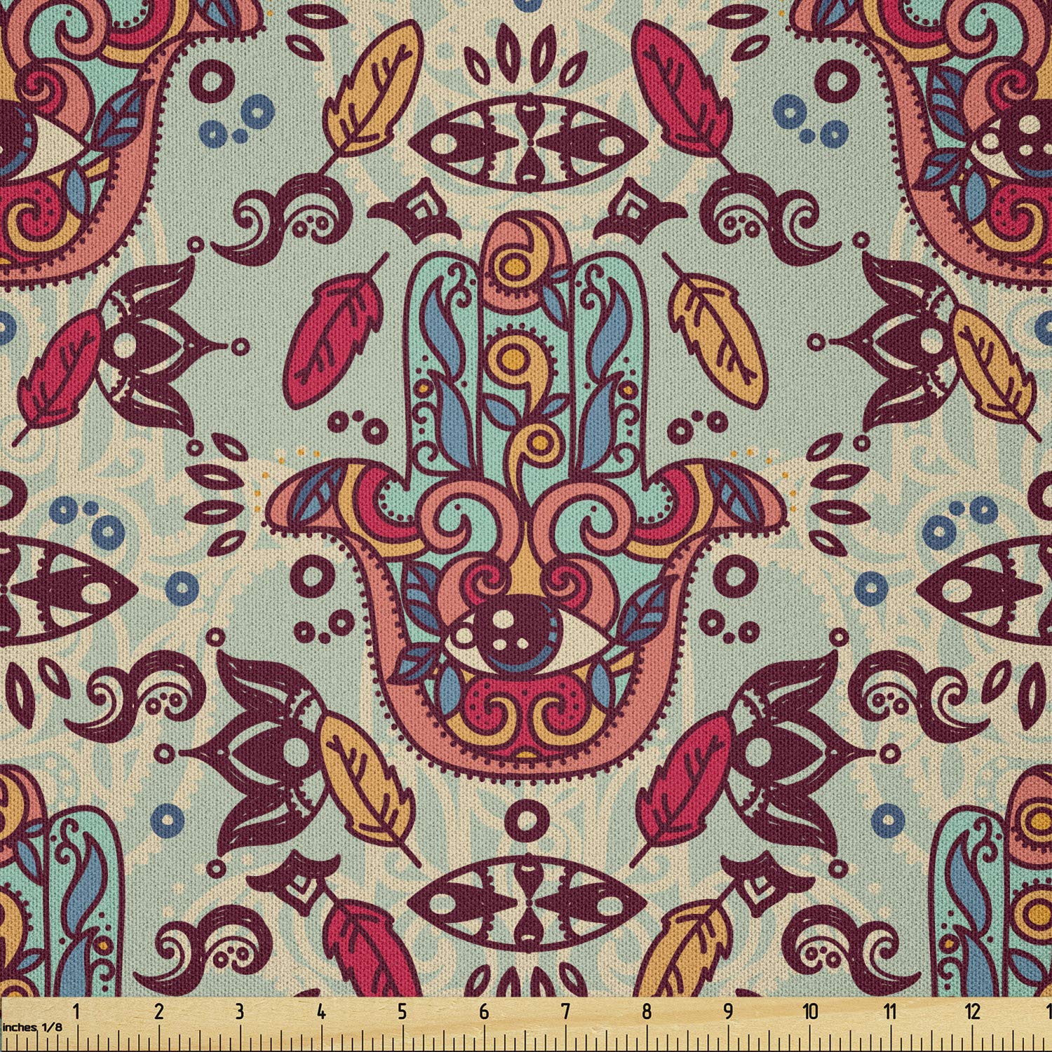 Ambesonne Hamsa Fabric by The Yard, Ornamental Pattern Colorful Sketch Design, Microfiber Fabric for Arts and Crafts Textiles &amp; Decor, 3 Yards, Red Blue