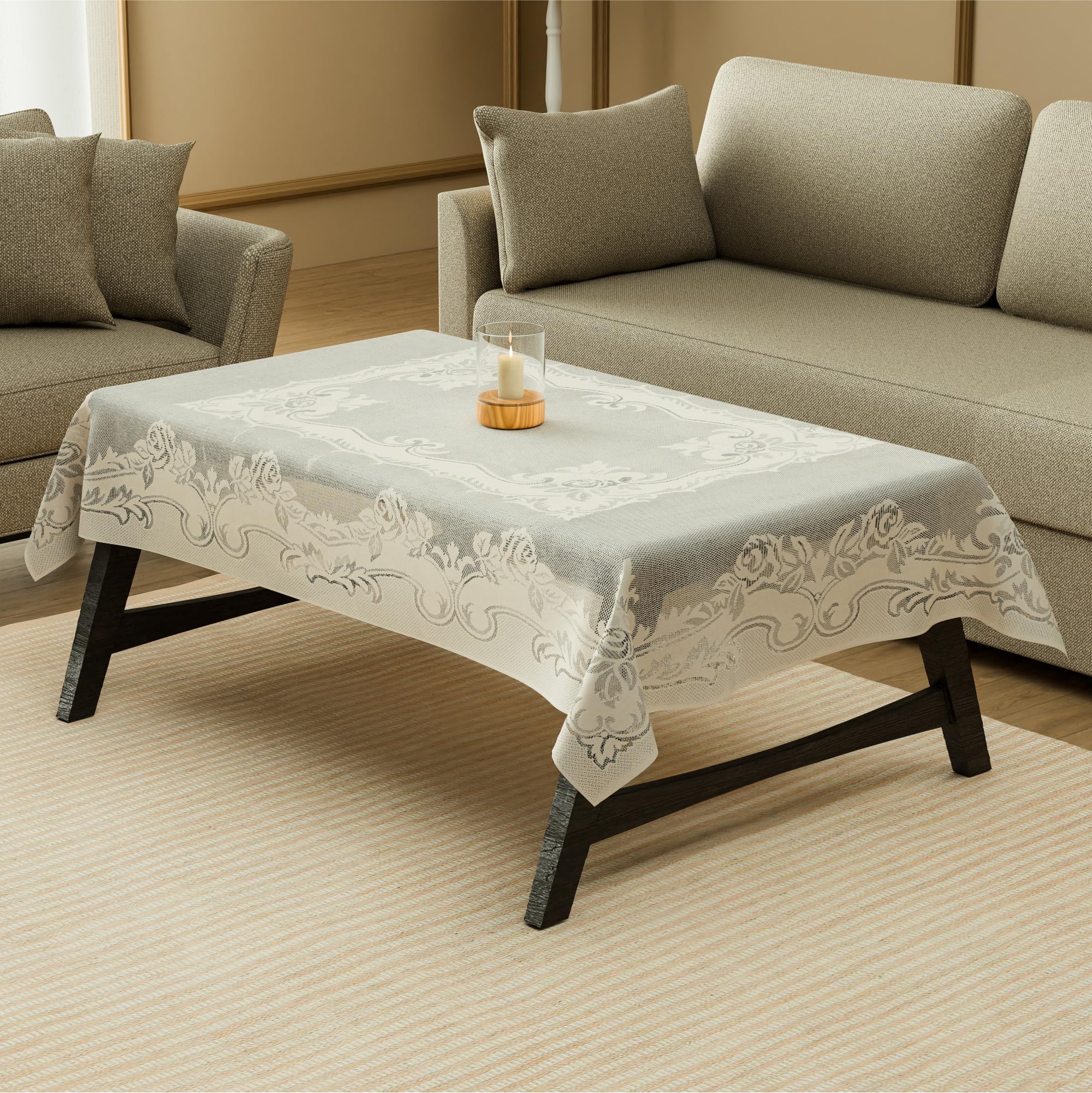 Kuber Industries 40x60 Inch Cotton 4 Seater Table Cover Cloth | Multipurpose Dining Table Cover/Cloth for Party and Events | Self Gulmohar Vila Print - Cream