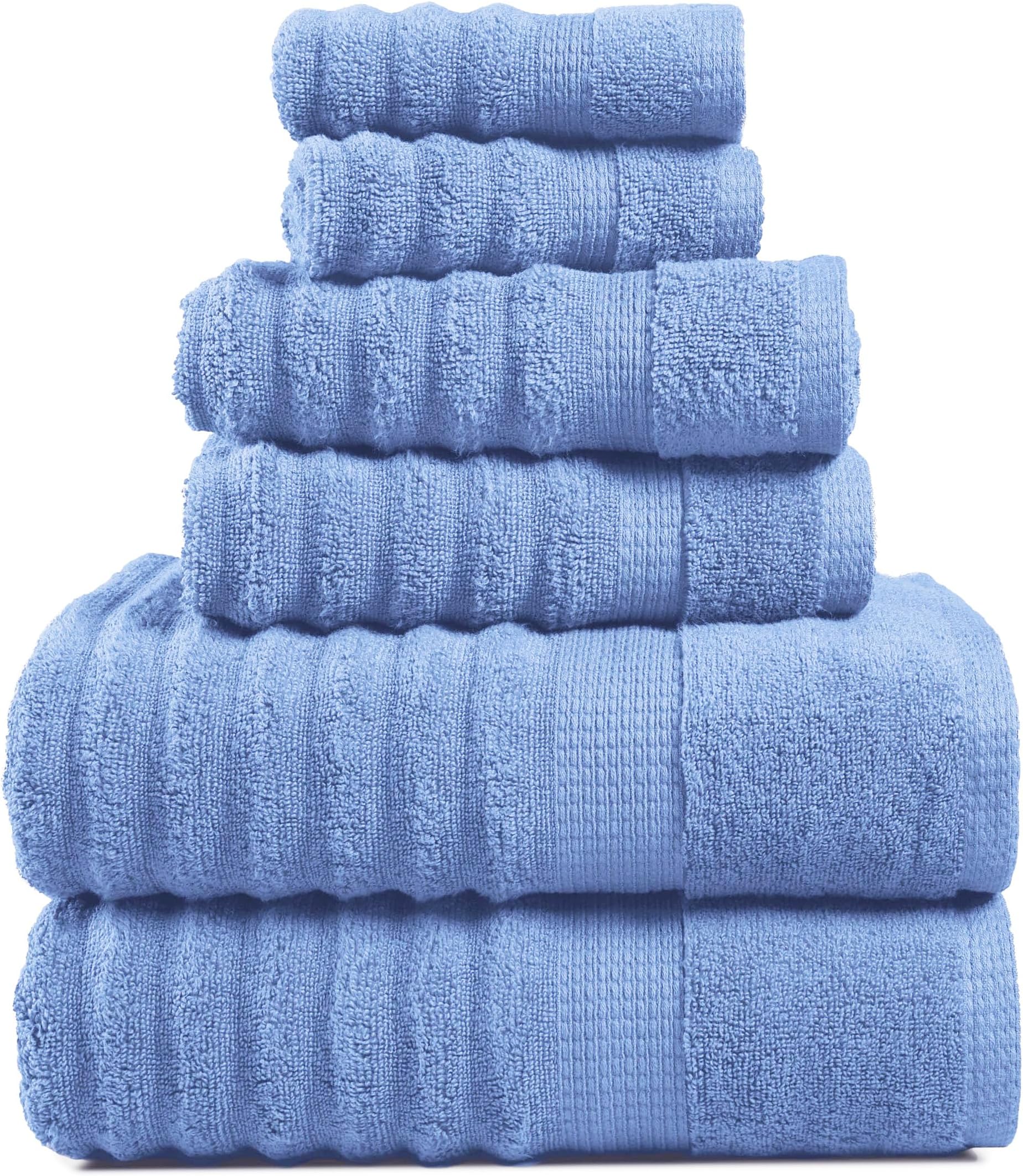 Bath Towels Set - Luxury 100% Cotton Towels for Bathroom, Hotel & Spa - Zero Twist, Soft, Absorbent, Texured Bathroom Towel Set - Includes 2 Bath, 2 Hand & 2 Washcloths - Cerulean Blue