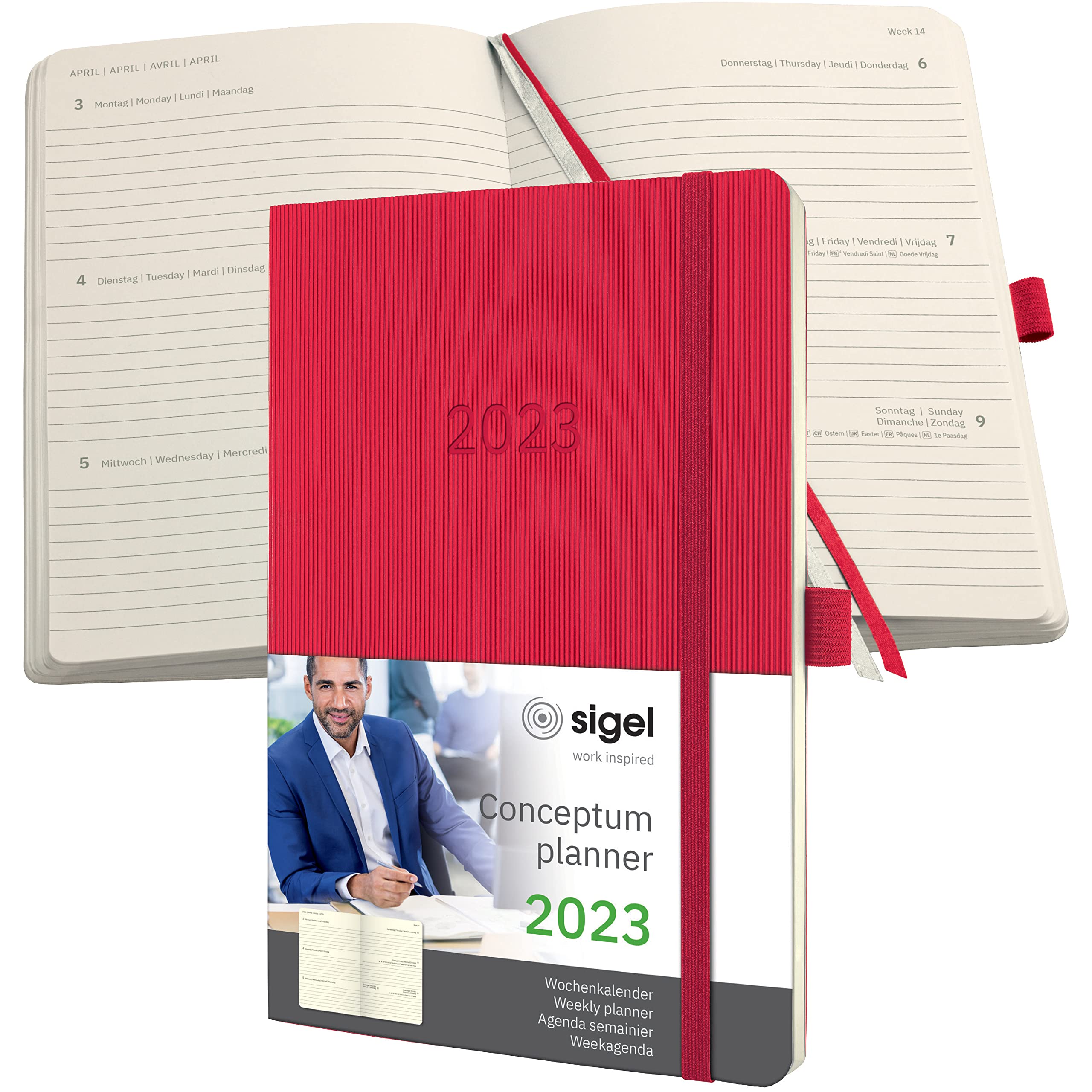 SIGEL C2334 Terminplaner Wochenkalender 2023 - ca. A5 - rot - Softcover - 192 Seiten - Gummiband, Stiftschlaufe, Archivtasche - PEFC-zertifiziert - Conceptum