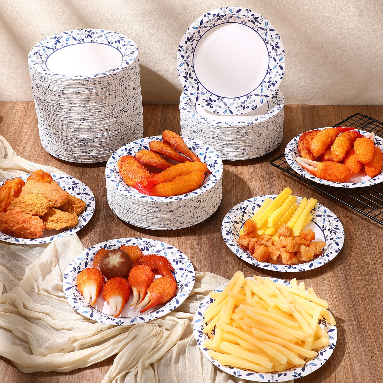 FillTouch Einweg-Pappteller für den täglichen Gebrauch, einweichfest, strapazierfähig, kleine Pappteller für Abendessen, Picknick, schnittfeste, blaue und weiße Pappteller für Feiertage, Partys,