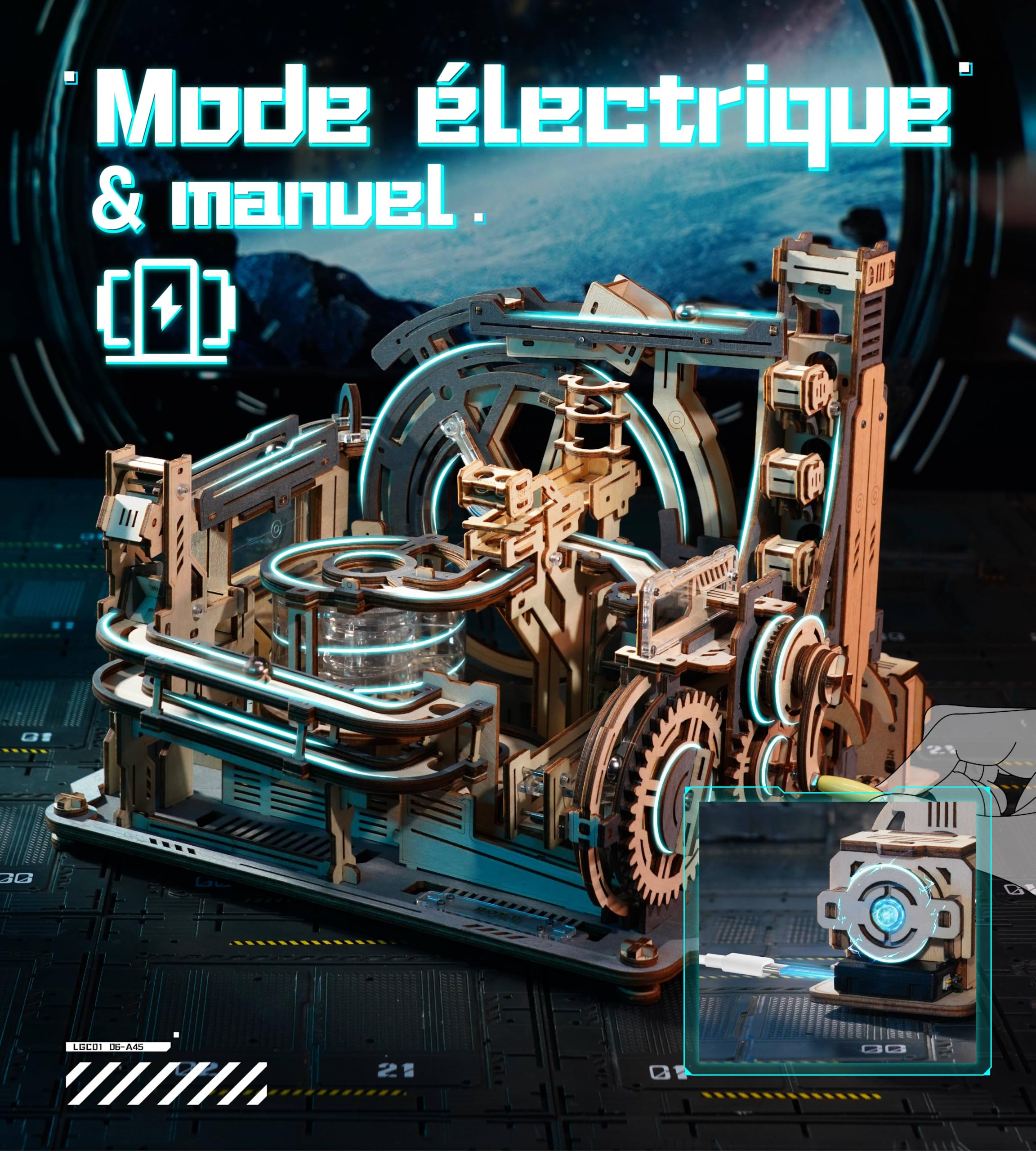 ROKR Elektryczny marmurowy model do budowania dla dorosłych, marmurowy port kosmiczny 3D, drewniane puzzle, nocne miasto 2.0, unikalny pomysł na prezent dla mężczyzn, dzieci (LGC01)