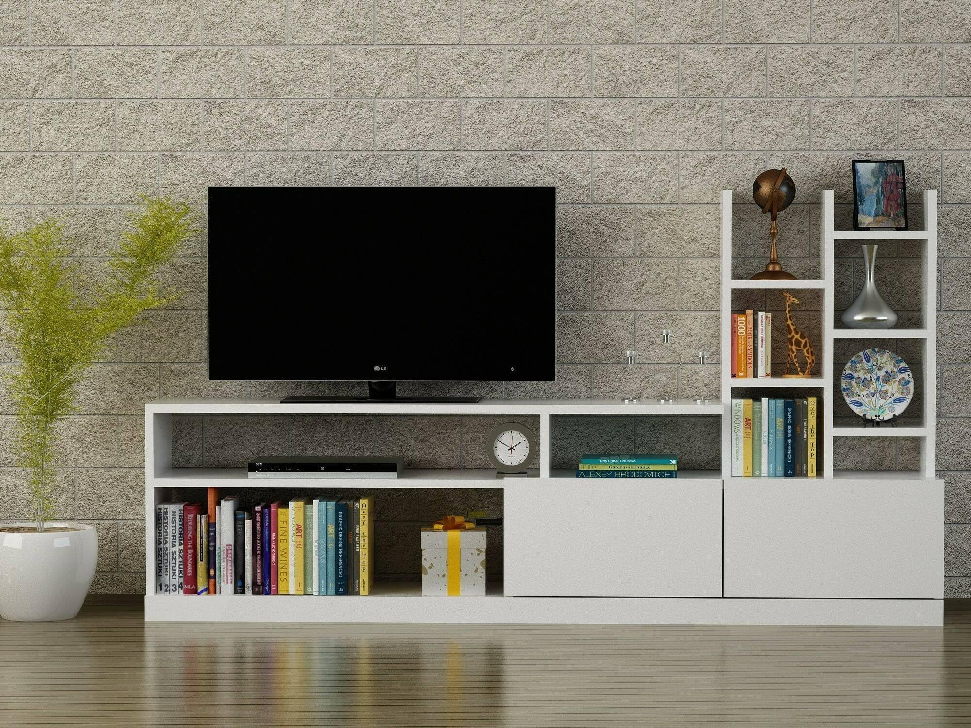 Dmora - Mobile porta TV Alni, Credenza da soggiorno, Armadio basso per TV, Base parete attrezzata, 164x25h91 cm, Bianco