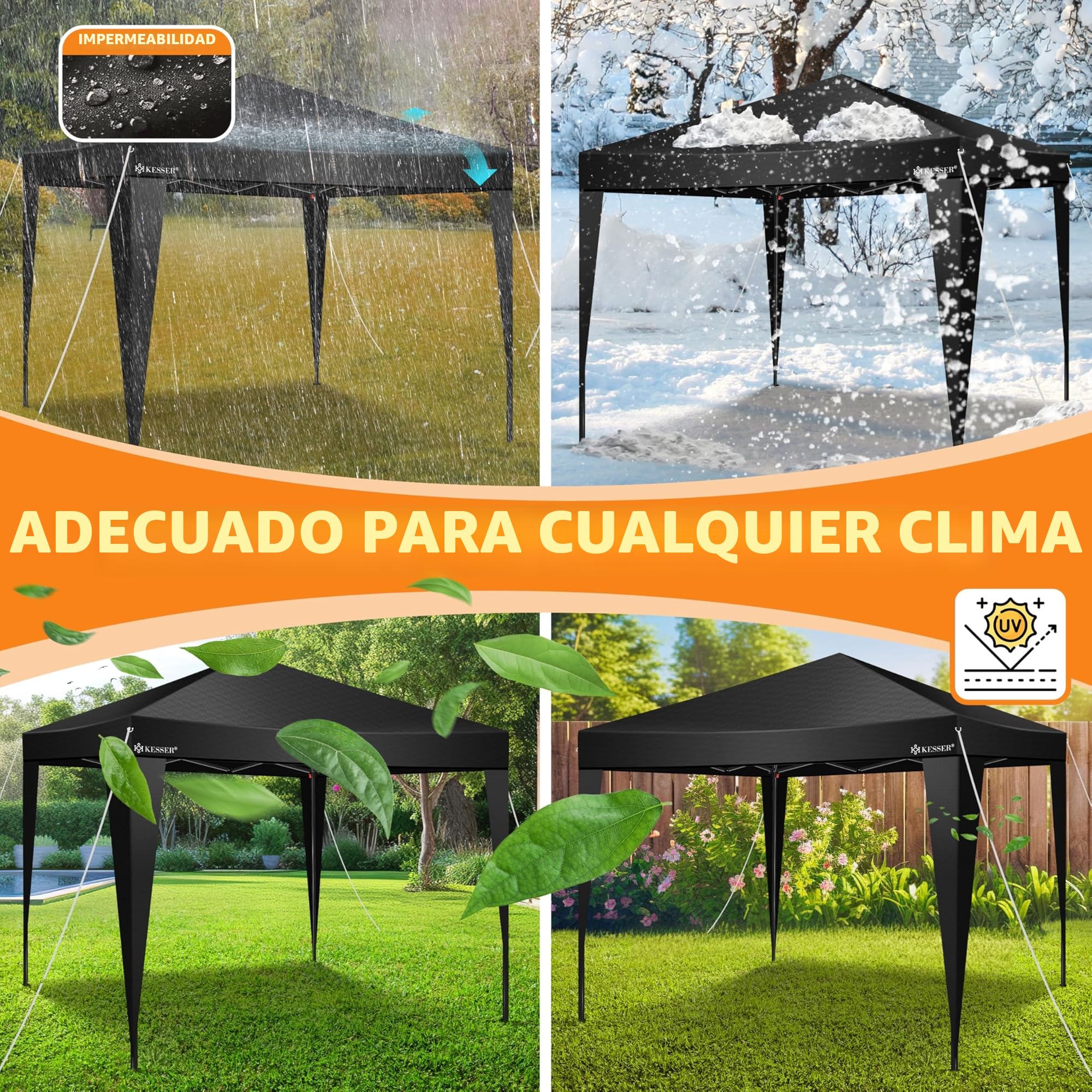 KESSER® Carpa Plegable 3x3m | Pop-Up Regulable en Altura Estable Impermeable Resistente al Invierno | Protección UV 50+ Incluye Bolsa con Ruedas y Anclaje al Suelo - Negro/Negro