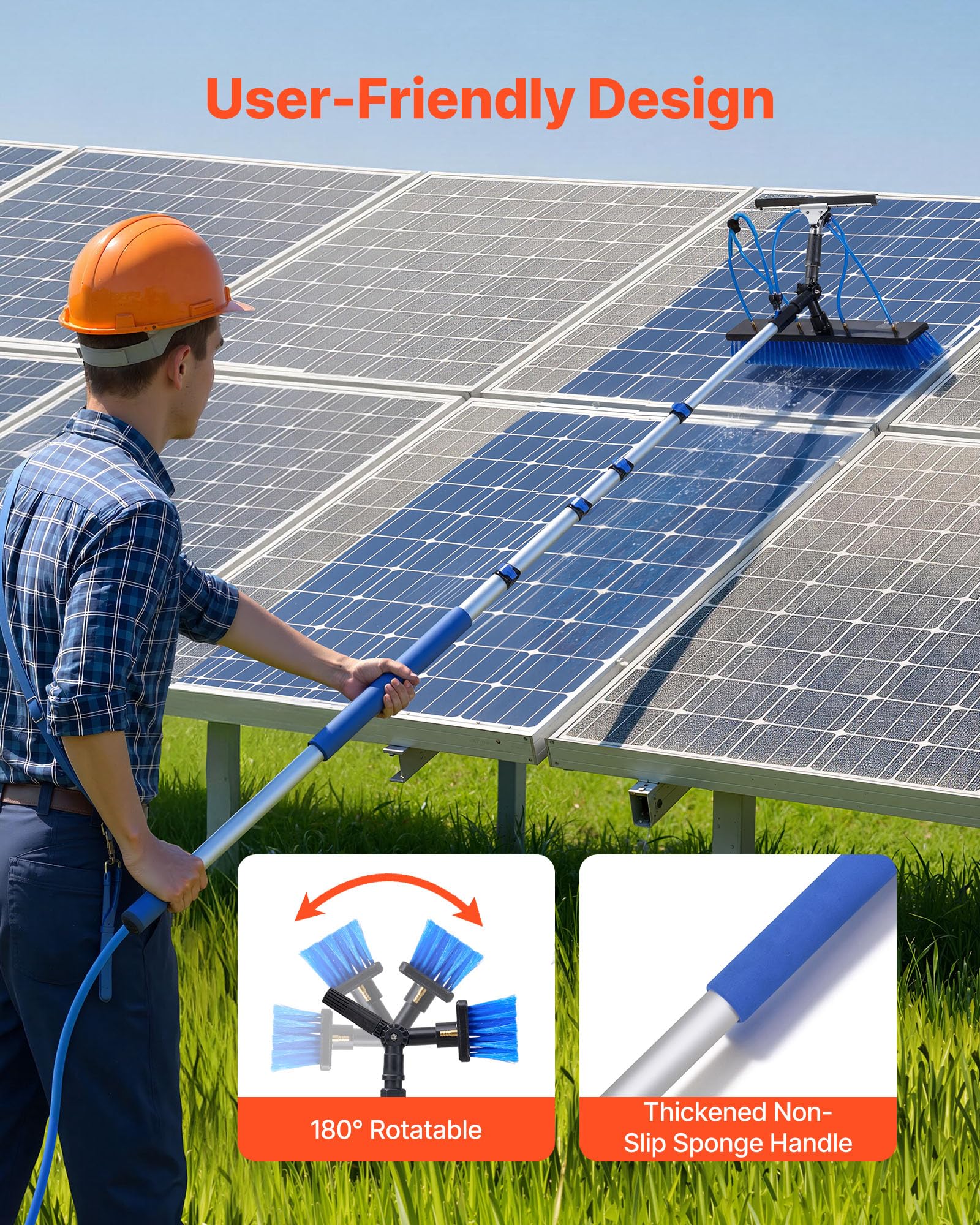 VEVOR Kit de Limpieza de Paneles Solares con Pértiga Telescópica 4,6 m, Suministro de Agua, Escobilla de Goma, Cabezal Giratorio 180°, Kit de Cepillo de Limpieza para Paneles Solares con Manguera 20 m