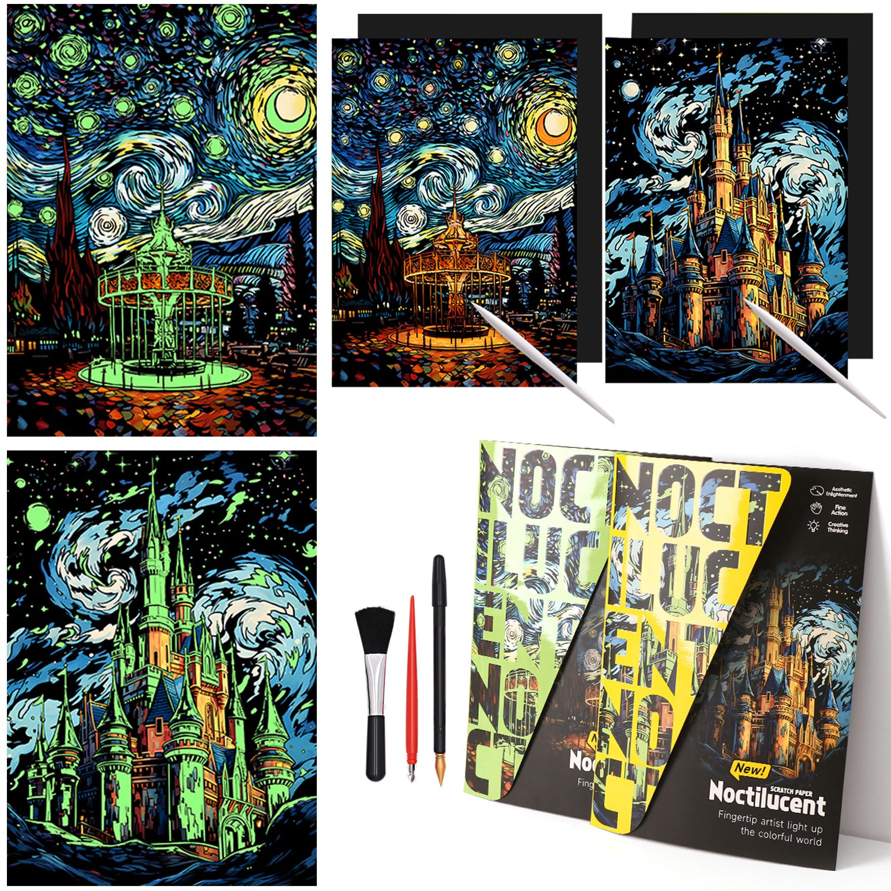 Scratchboard Art for Adult-Luminous-Scratch Painting Kits for Adults, Noctilucent Arts and Crafts for Teens with Scratchboard Tools 16"x11.2" Rainbow Painting（Amusement Park & Beautiful Castle）-image-36