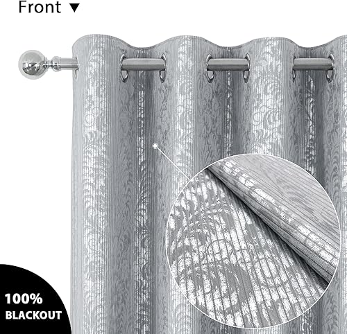 Miniatura 2 de always4u Cortinas 100% opacas de terciopelo con estampado de lámina de damasco de 95 pulgadas de largo, 2 paneles de tratamiento metálico brillante