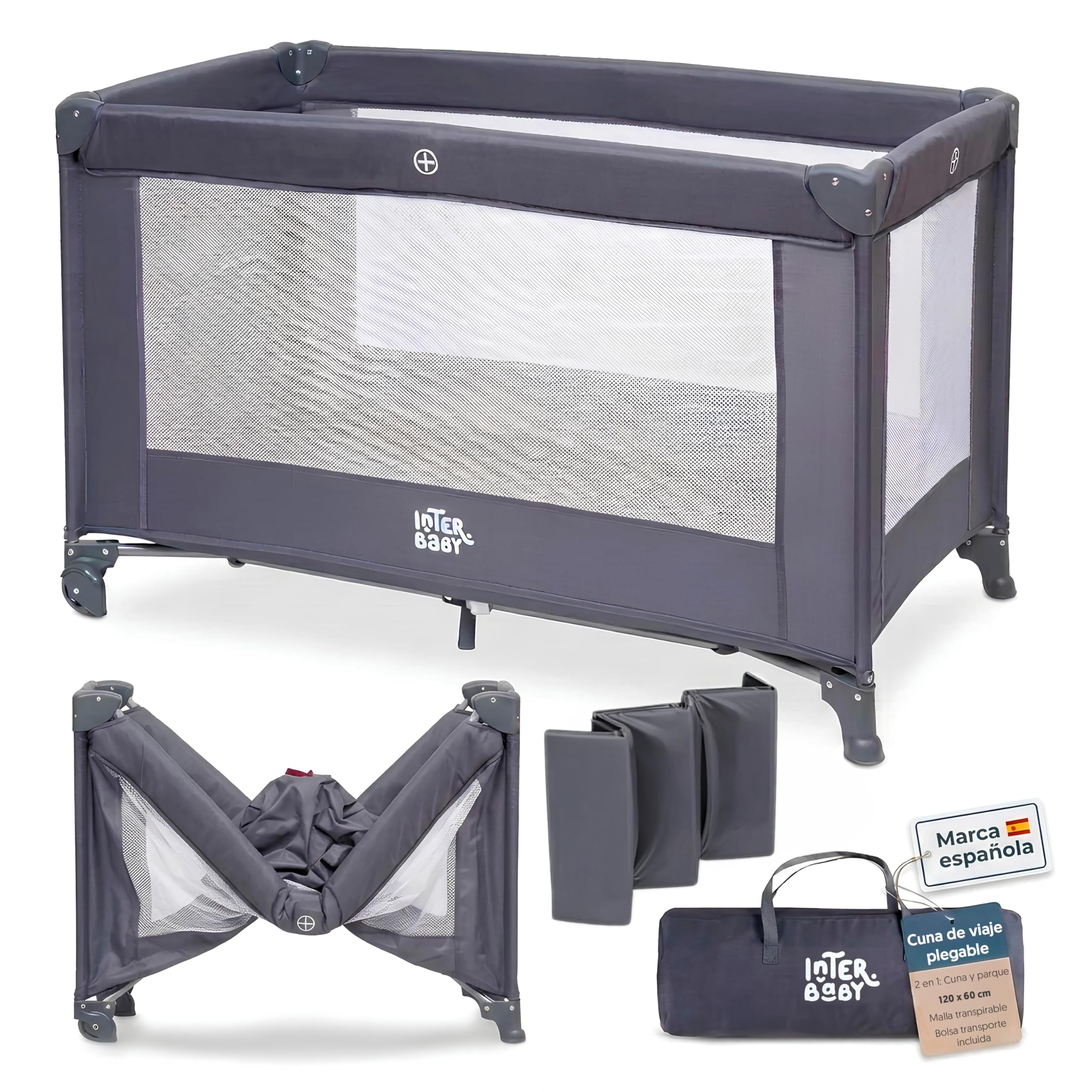Interbaby - Cuna de Viaje Bebé Plegable con Ruedas y Bolsa de Transporte, Parque Cuna 2 en 1, Ligera y Compacta, Malla Transpirable, Compatible 120x60 cm, Desde Nacimiento hasta 3 Años (15 kg) (Gris)