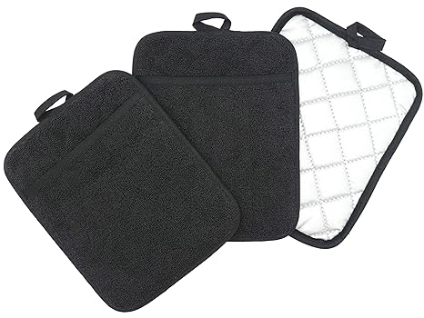Quilted Terry Pot Holders for Kitchen Heat Resistant Pot Holders with Pockets, Cotton Pad Holder Hot Pads for Oven, Pot Holder Set for Cooking and Baking, 7inch x 9inch, Set of 3 Pack (Black)