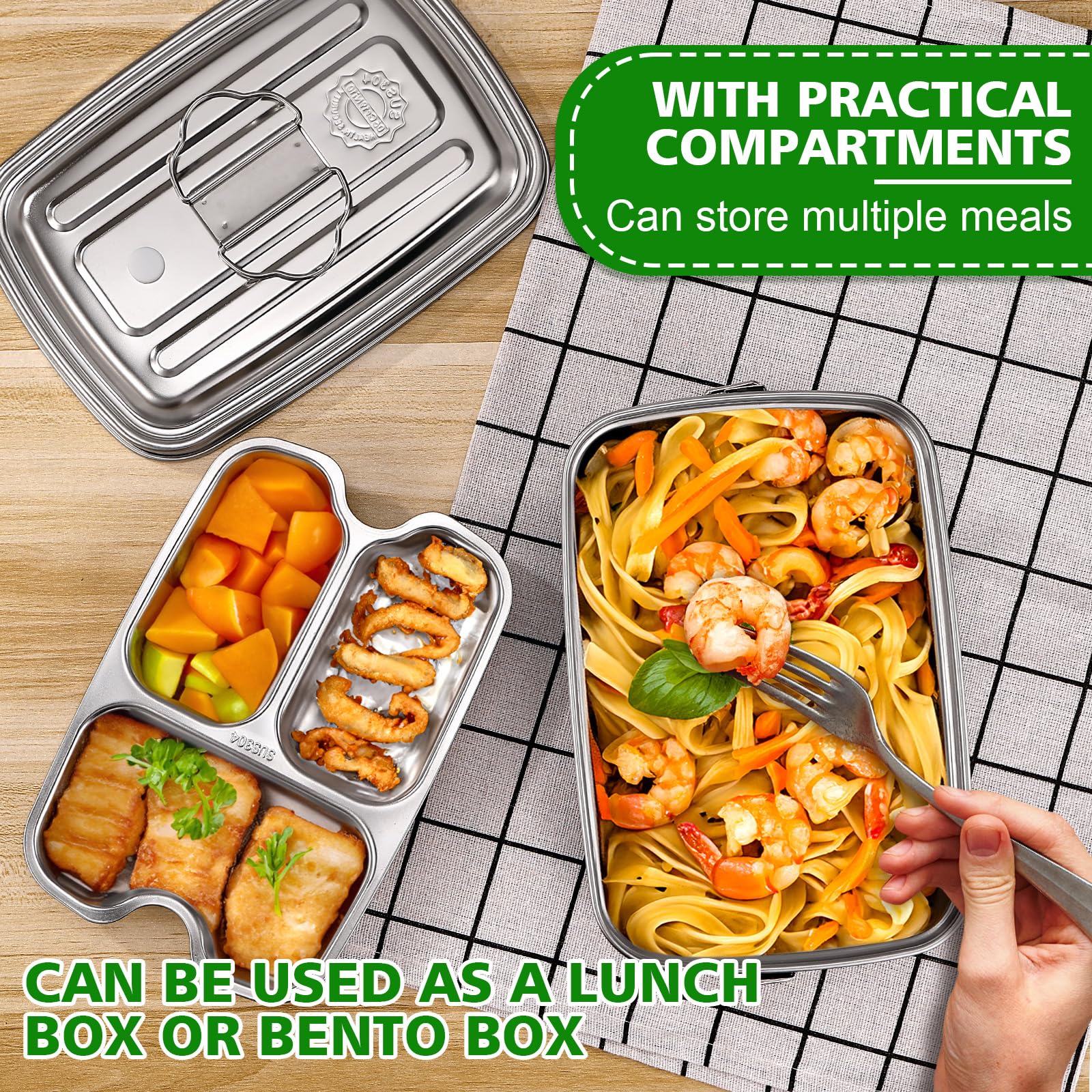 Lunch Box in Acciaio Inossidabile, 2000ml Contenitore Porta Pranzo, Bento Box, Portapranzo con 3 Scomparti, Schiscetta Pranzo, Scatole Bento, Contenitore Pranzo, per Adulti e Bambini