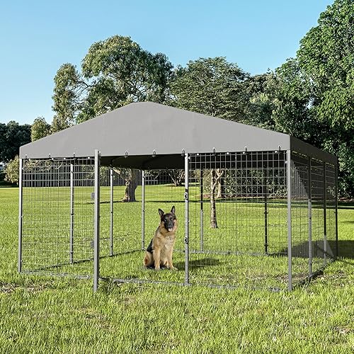 Miniatura 5 de Kullavik Perrera grande para perros al aire libre,Jaula de perro resistente con techo,Cerca de acero galvanizado con doble cerradura de seguridad