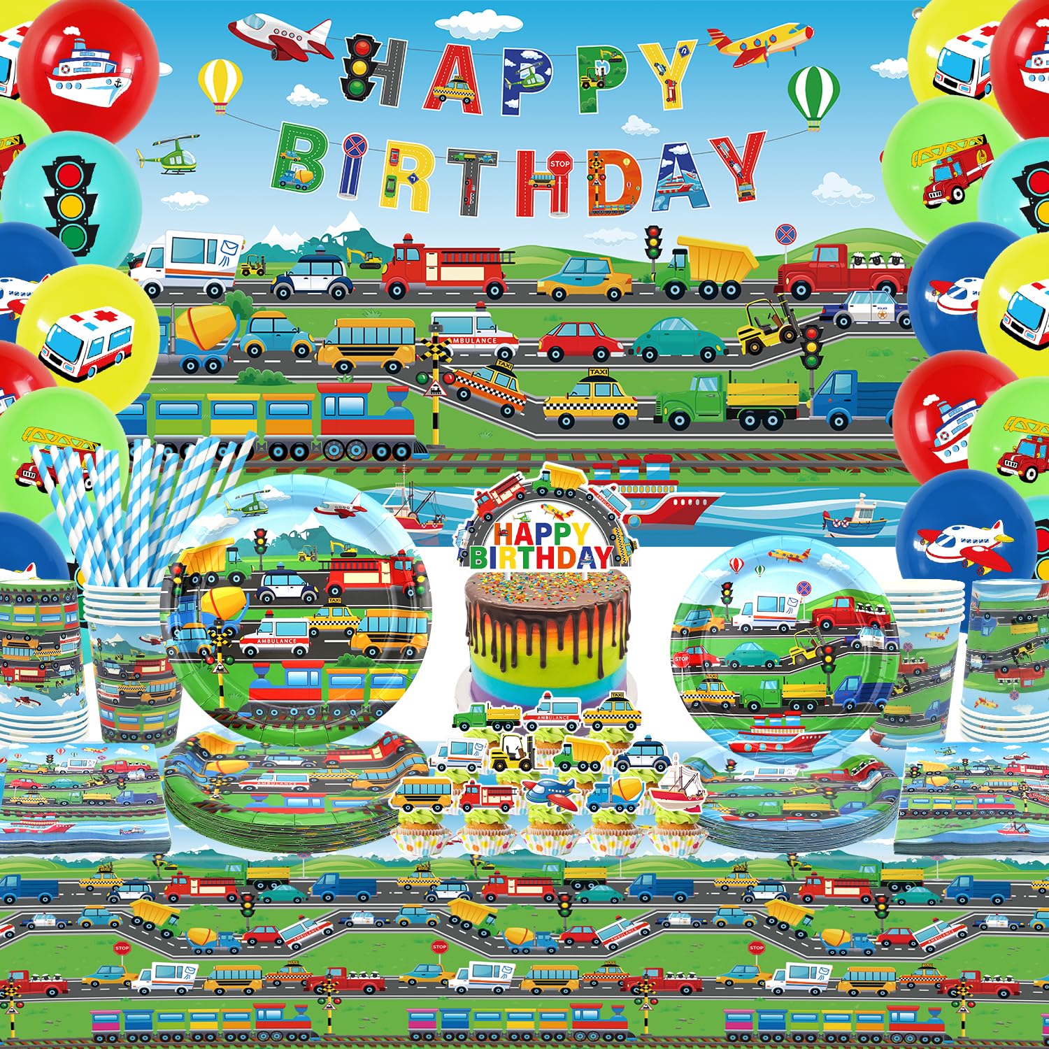 Transportation Birthday Party Decorations - Transportation Party Supplies, Plates Cups Napkins Tablecloth Happy Birthday Backdrop Balloon Cake Toppers for Truck Cars Construction Party Supplies