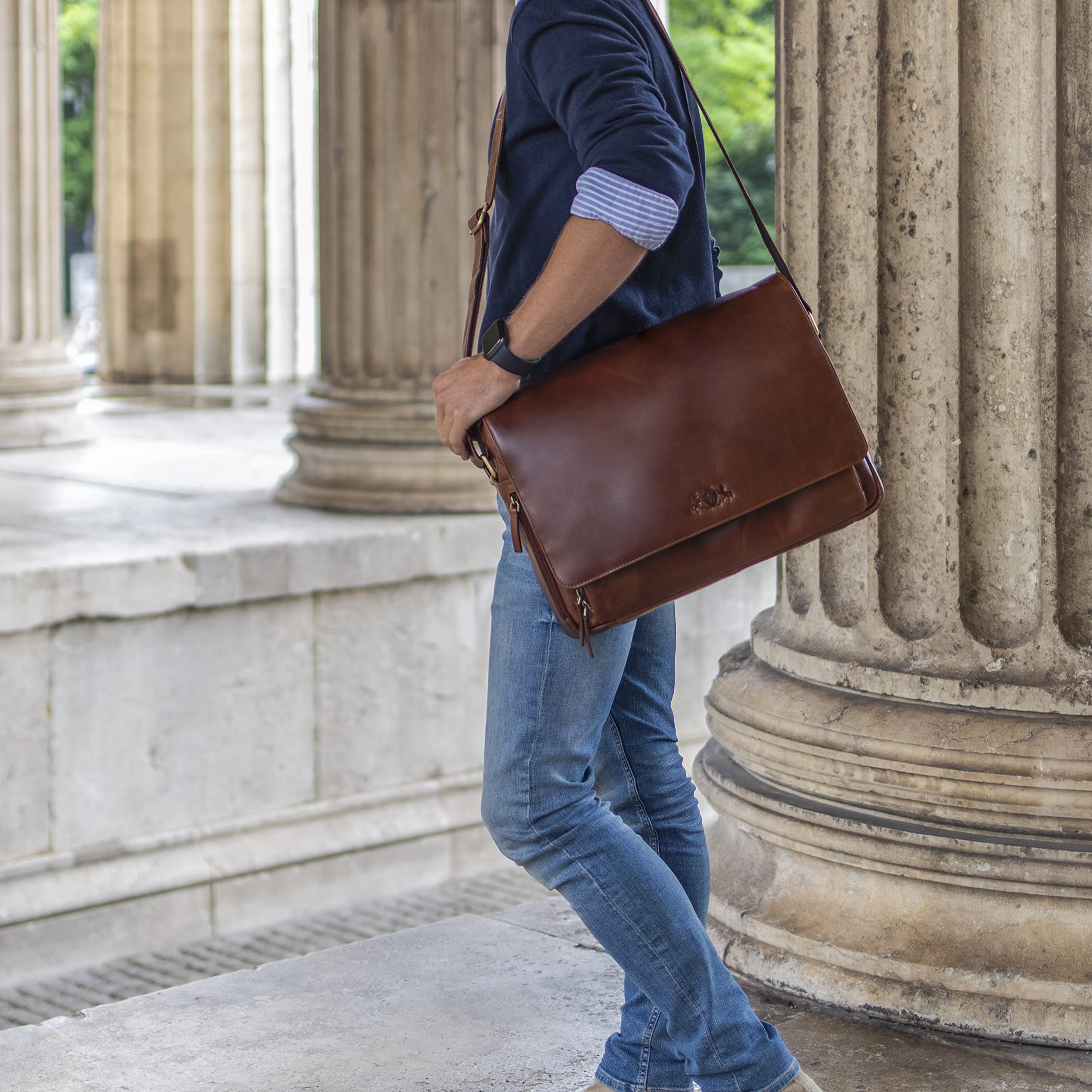 SID & VAIN Sac Ordinateur Portable avec Compartiment Cuir véritable 15.4 Pouces Agent Mallette Professionnelle bandoulière XL Grand pour Hommes Serviette de Travail élégant Marron