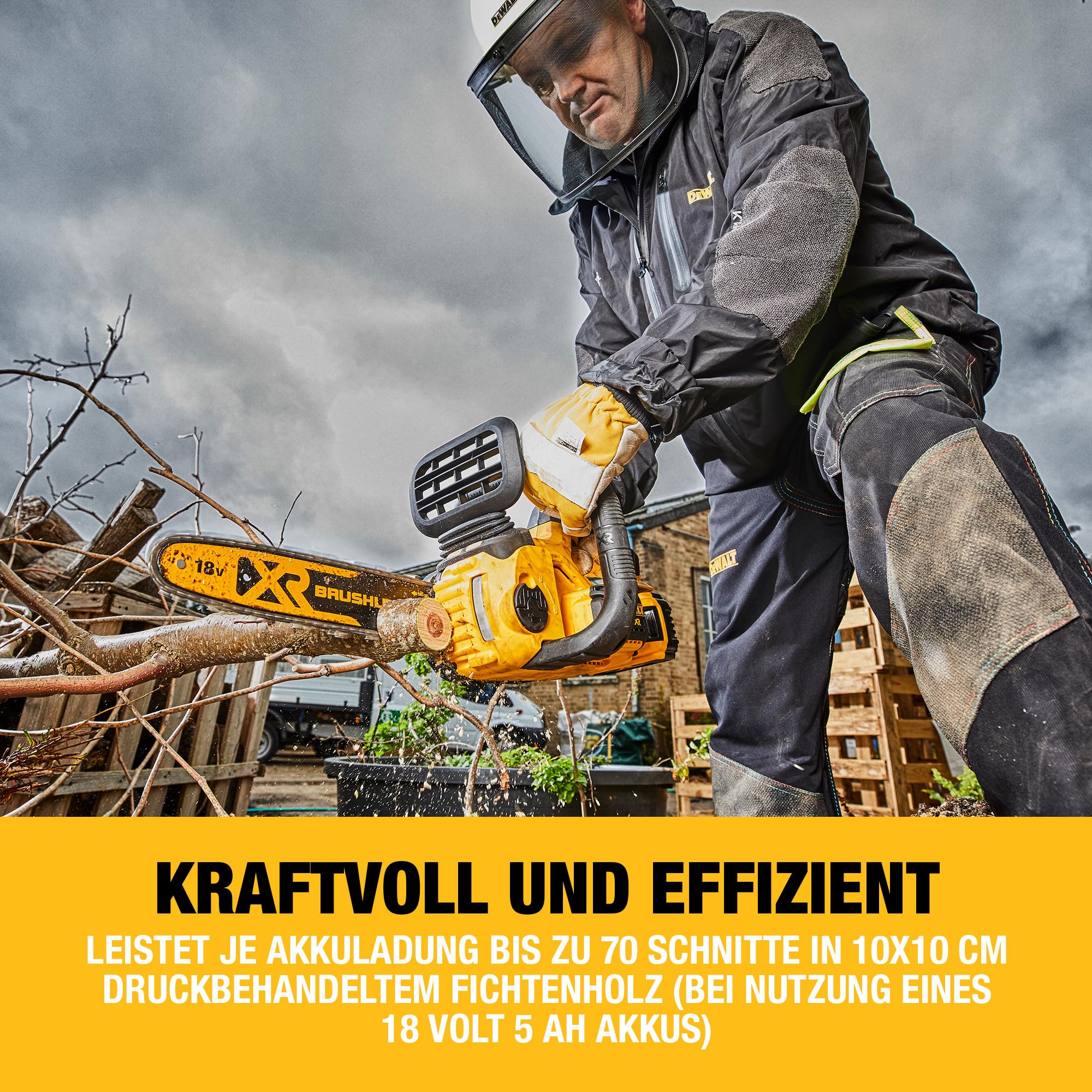 DEWALT 18 Volt Akku-Kettensäge (30 cm Schwert, bürstenloser Motor, werkzeuglose Kettenspannung, automatische Kettenschmierung, Kettenbremse, Lieferung ohne Akku und Ladegerät), DCM565N-XJ