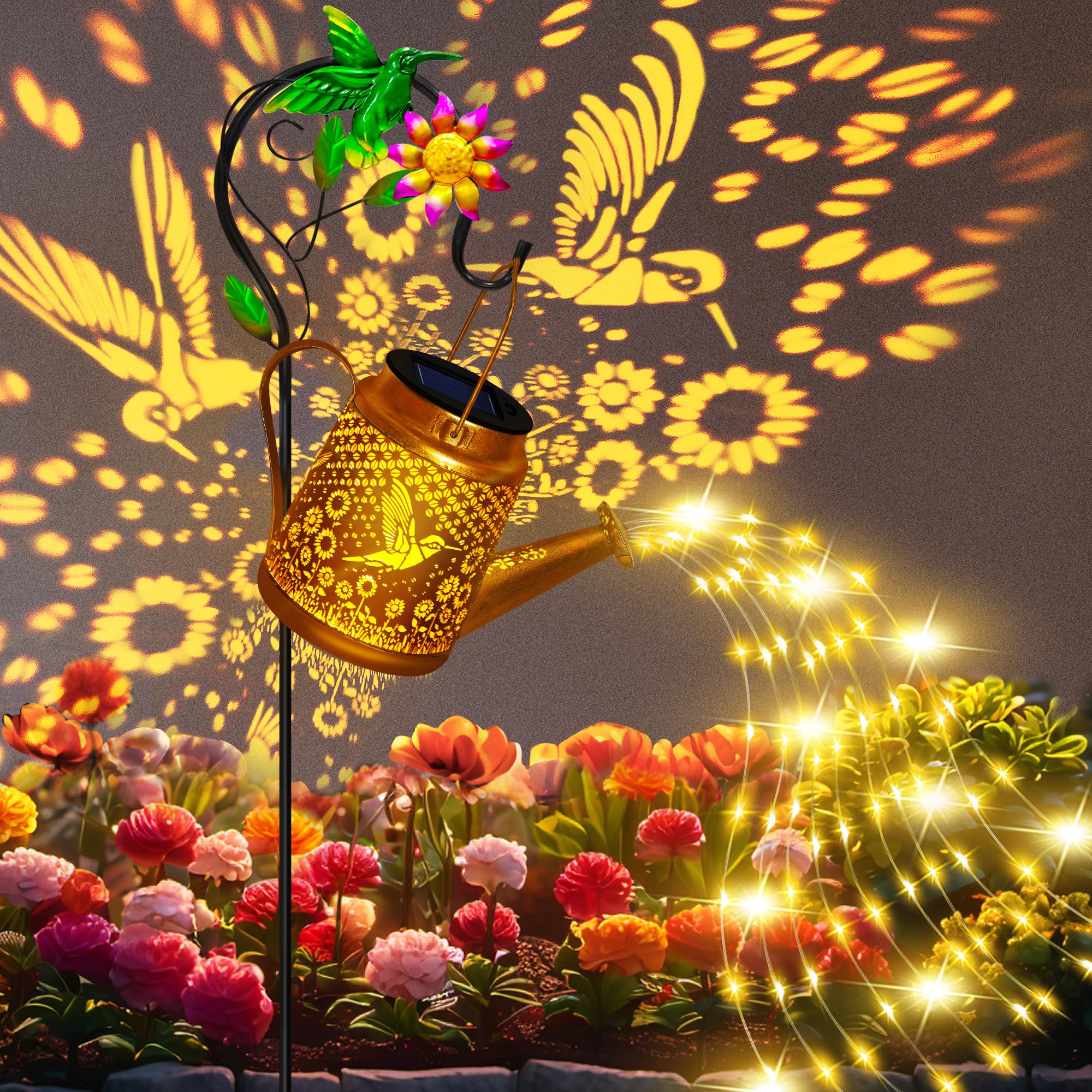 Hummingbird Solar Lanterns Garden Decor, Outdoor Waterproof Watering Can with Shepherd Hook, Solar Garden Decor for Yard Outdoor Landscape Pathway, Gifts for Women Mom Grandma Birthday, Mothers Day