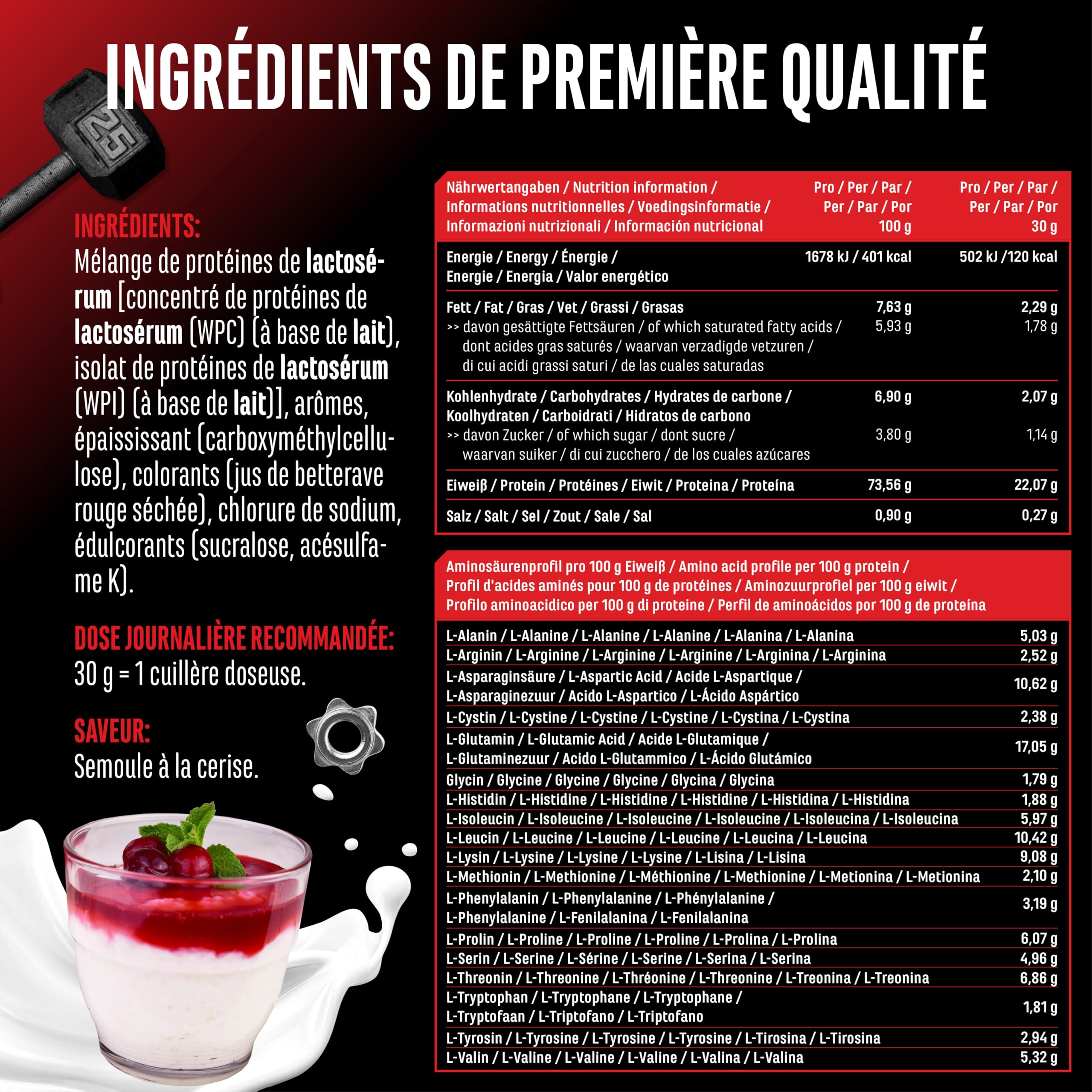 Whey Protein Complex - 1000 g (Semoule au lait avec des Cerises) - Avec part d'isolat - Protéine soluble instantanée en poudre avec BCAA & EAA - German Elite Nutrition