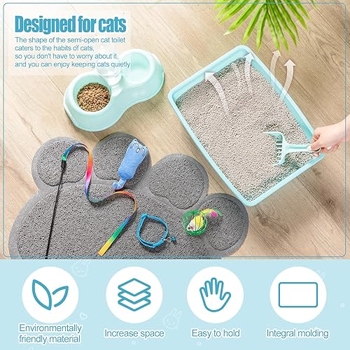 Miniatura 24 de Kit de iniciación de 7 piezas para gatos pequeños, caja de arena para gatos con alfombrilla de arena para patas de pala, cuencos dobles automáticos