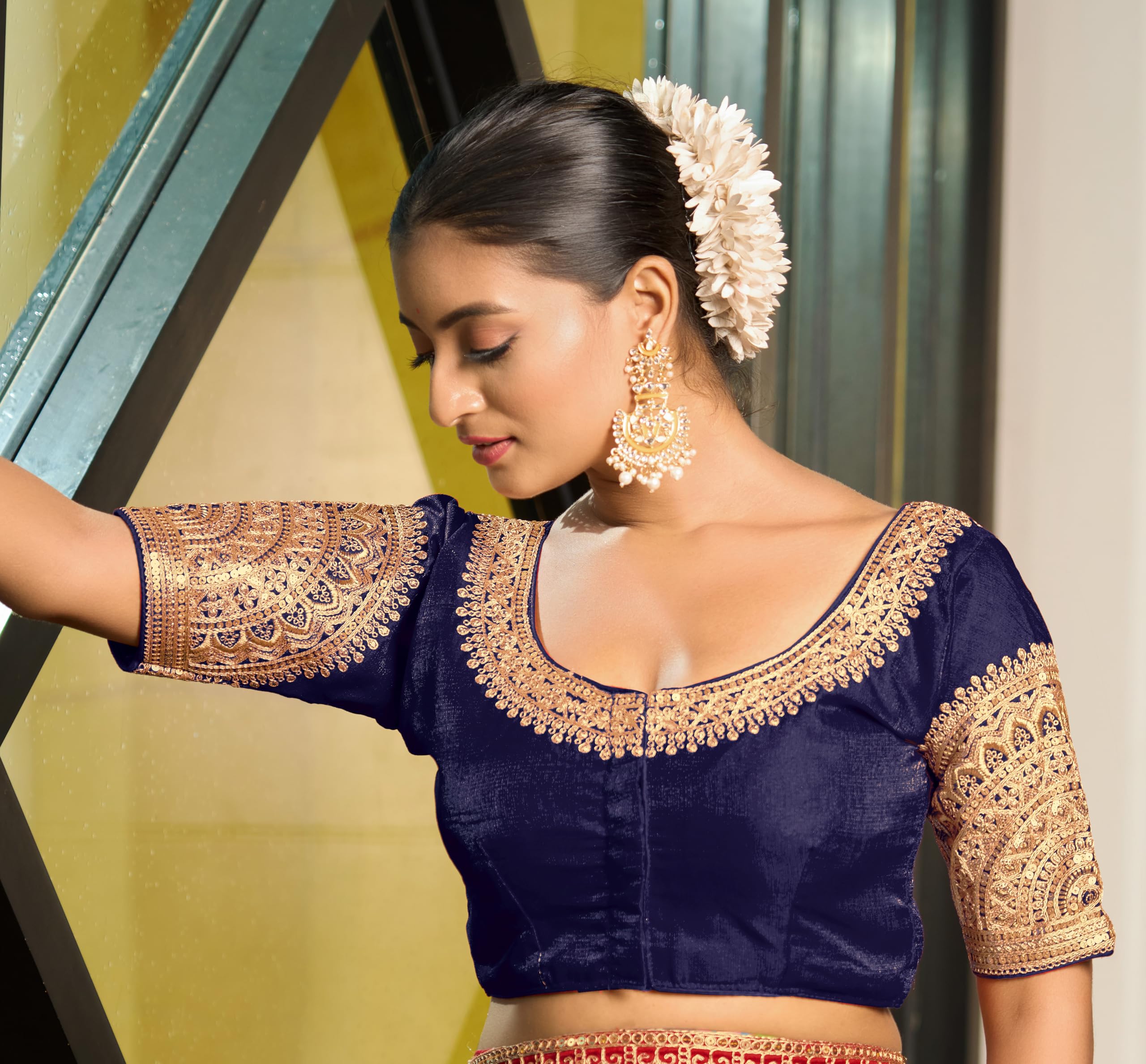 Vihu Fashion Women's Readymade Blouse Embroidery Multi Coding Dull Golden Sequence Work Indian Ethnic Designer Stitched Readymade Saree Half Sleeve Navy Blouse For Women For Saree Lehenga Choli