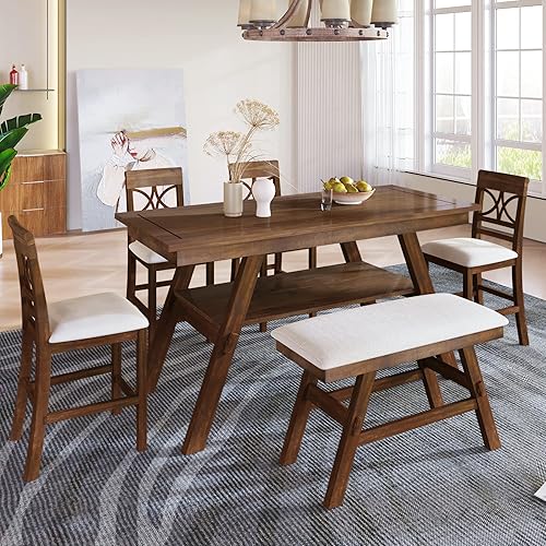 Juego de mesa de comedor de madera de estilo rústico juego de mesa de comedor de 6 piezas con banco 4 sillas y estante de almacenamiento diseñado Juego de mesa de comedor de madera de estilo rústico juego de mesa de comedor de 6 piezas con banco 4 sillas y estante de almacenamiento diseñado