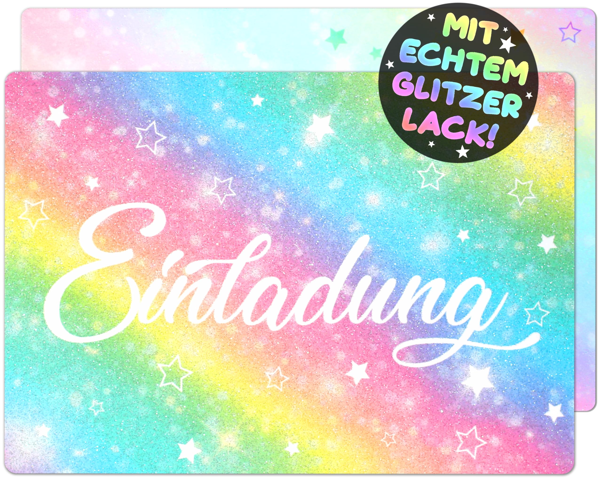VULAVA 12x GLITZER Regenbogen EINLADUNGSKARTEN KINDERGEBURTSTAG Mädchen Junge - die Rainbow PARTY Karten sind die Regenbogen EINLADUNG für Mädchen Kinder GEBURTSTAG Einladung Glitzerlack Sterne