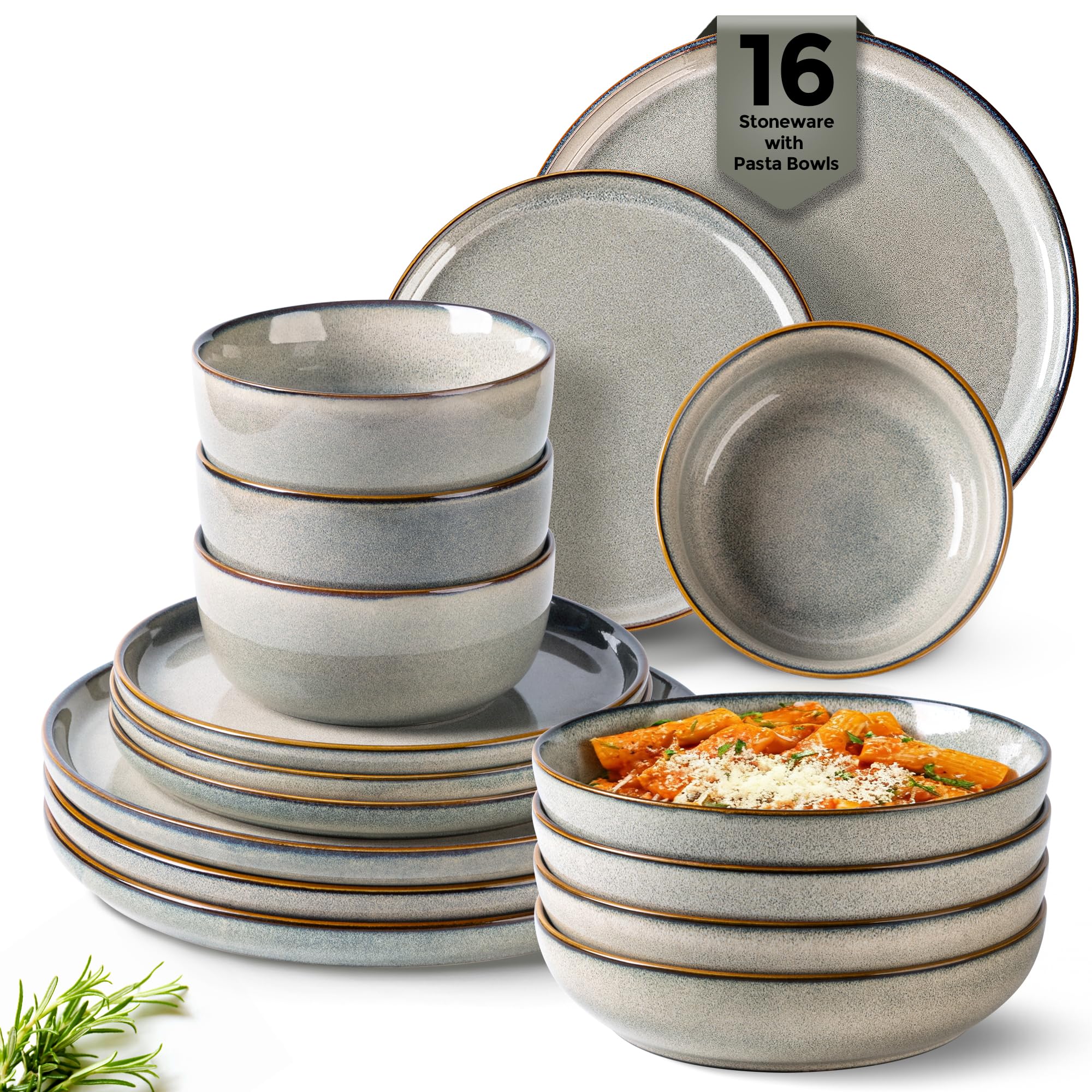 GBHOME 16 Pieces Double Bowls Ceramic Dinnerware Sets for 4, Stoneware Plates and Bowls Set with Reactive Glaze, Scratch Resistant Stoneware Dishes Set, Dishwasher &amp; Microwave Safe
