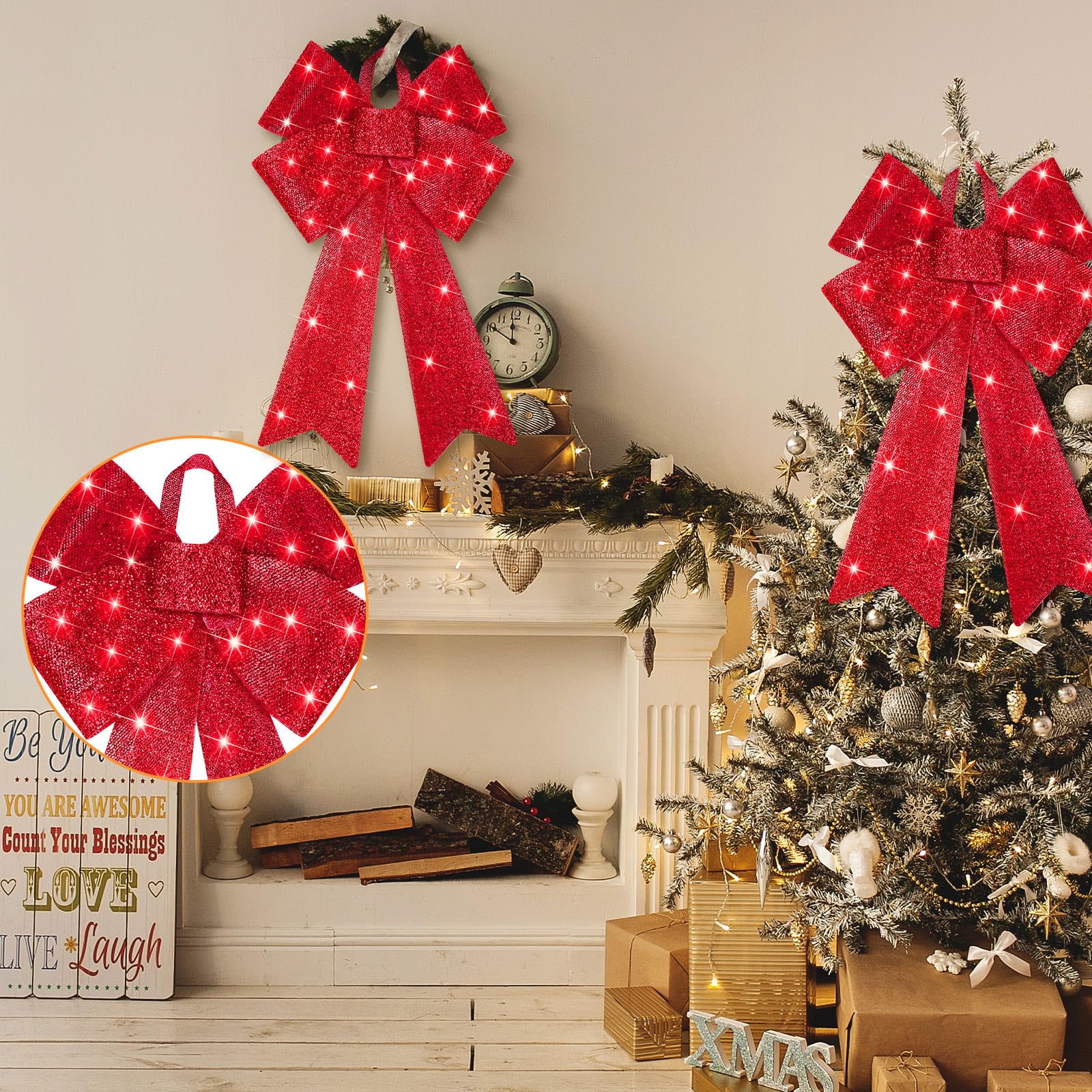 WILLBOND Lot de 3 nœuds de Noël pré-éclairés - 81,3 x 45,7 cm - Grand arbre rouge avec fonction minuterie - Décoration de sapin de Noël éclairée - 8 fonctions