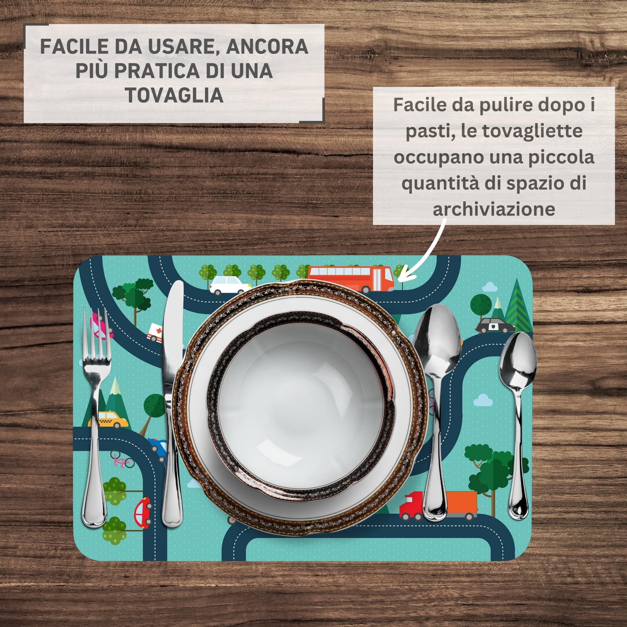 4 Tovagliette Bambini On The Road Blu 30x45cm - Plastica AntiMacchia Facile Da Pulire - Foto 12