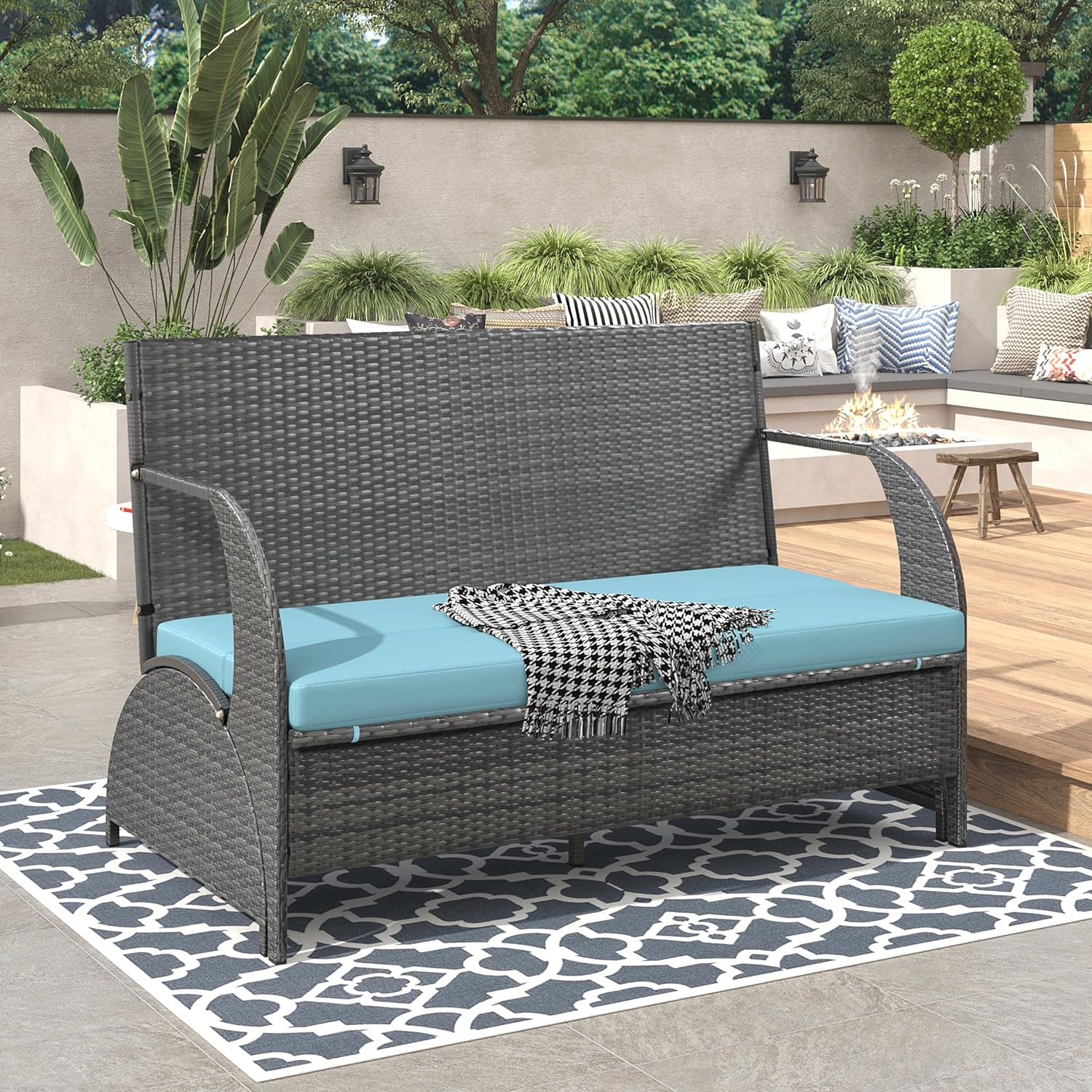 Outdoor Patio Dining Set - Outdoor Rattan Conversation Set with 2 Benches & Table, 2 Loveseats/Benches Convertible to 4 Seats and a Table Suitable for Gardens and Lawns (Blue)