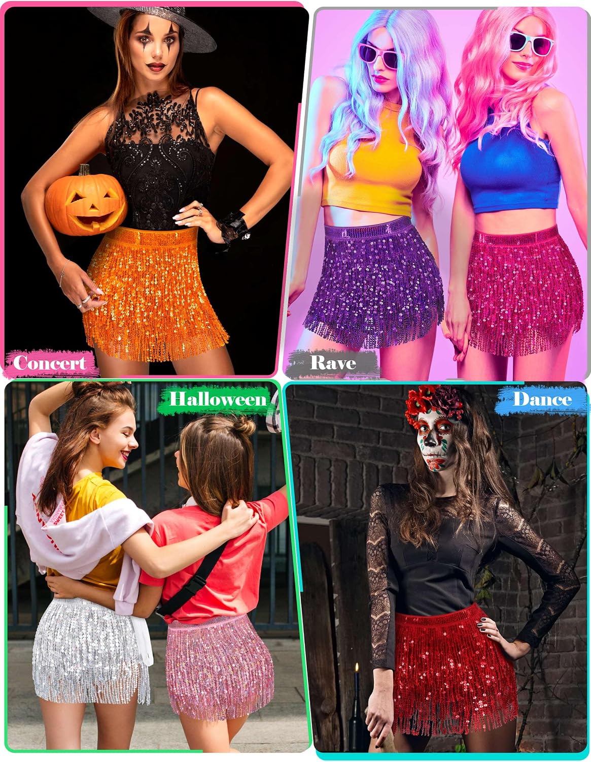 Olreco Womens Sequin Skirt for Women Sparkly Skirt for Women Glitter Skirts Sparkle Fringe Skirts Rave Halloween Accessories