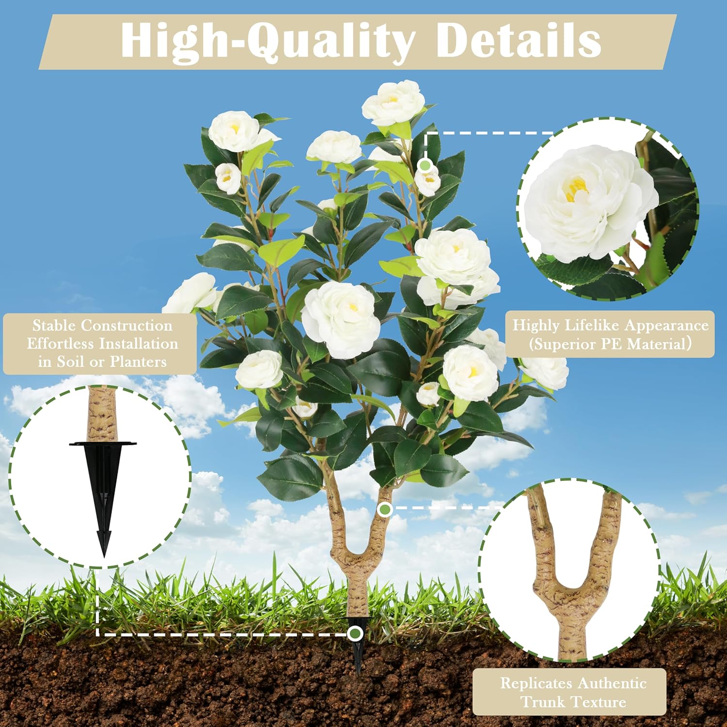 Sunnyglade 2 Packs 35.5" Artificial Camellia Tree, Faux White Camellia Flowers Plant with Spike, Fake Greenery Tree for Spring Home Front Door Outdoor Indoor Decoration (White)