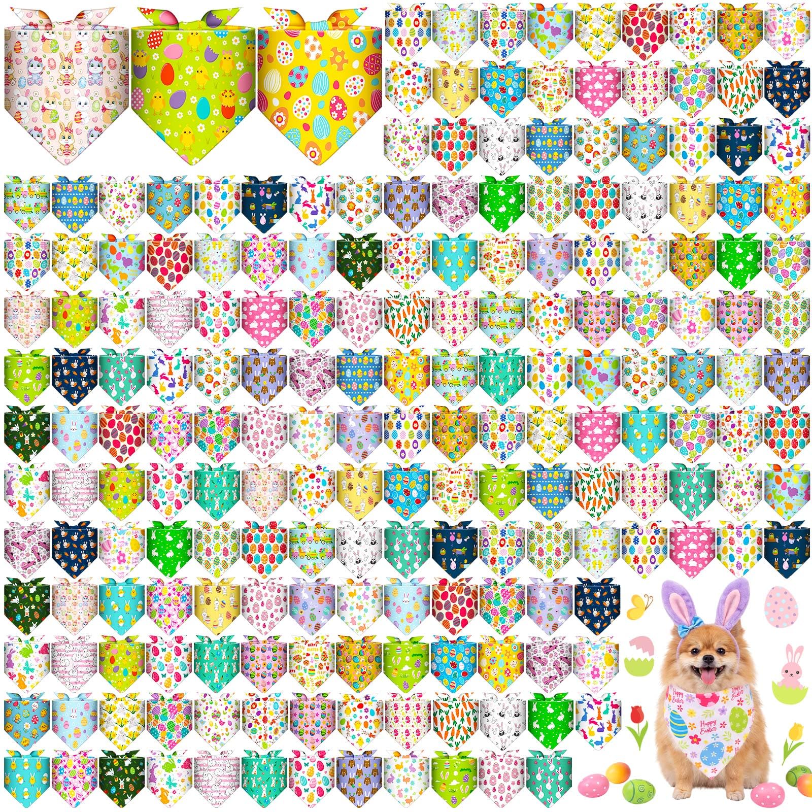 Cuffbow Lot de 200 bandanas de Pâques pour chien en vrac avec dictons - Écharpe triangulaire - Costume pour animal domestique - Tenue réglable - Lavable - Pour animaux de compagnie de petite et