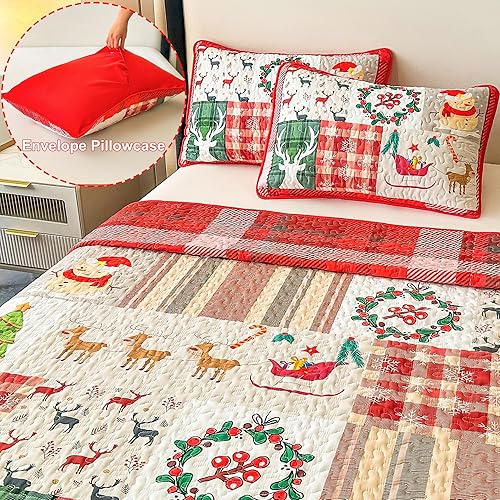 Miniatura 5 de Juego de edredón de Navidad, tamaño Queen, diseño de árbol de Navidad, copos de nieve, reno, retazos, juego de colcha de 3 piezas, reversible,