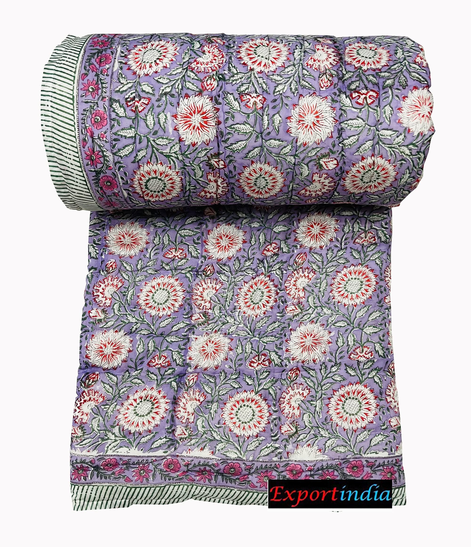 Exportindia Hand Block Print Indian Handmade Queen Size Light Weight in Side Doctor Cotton Razai Quilt Throw Coverlet Blanket Printed (California King US Size 108x108 Inch)