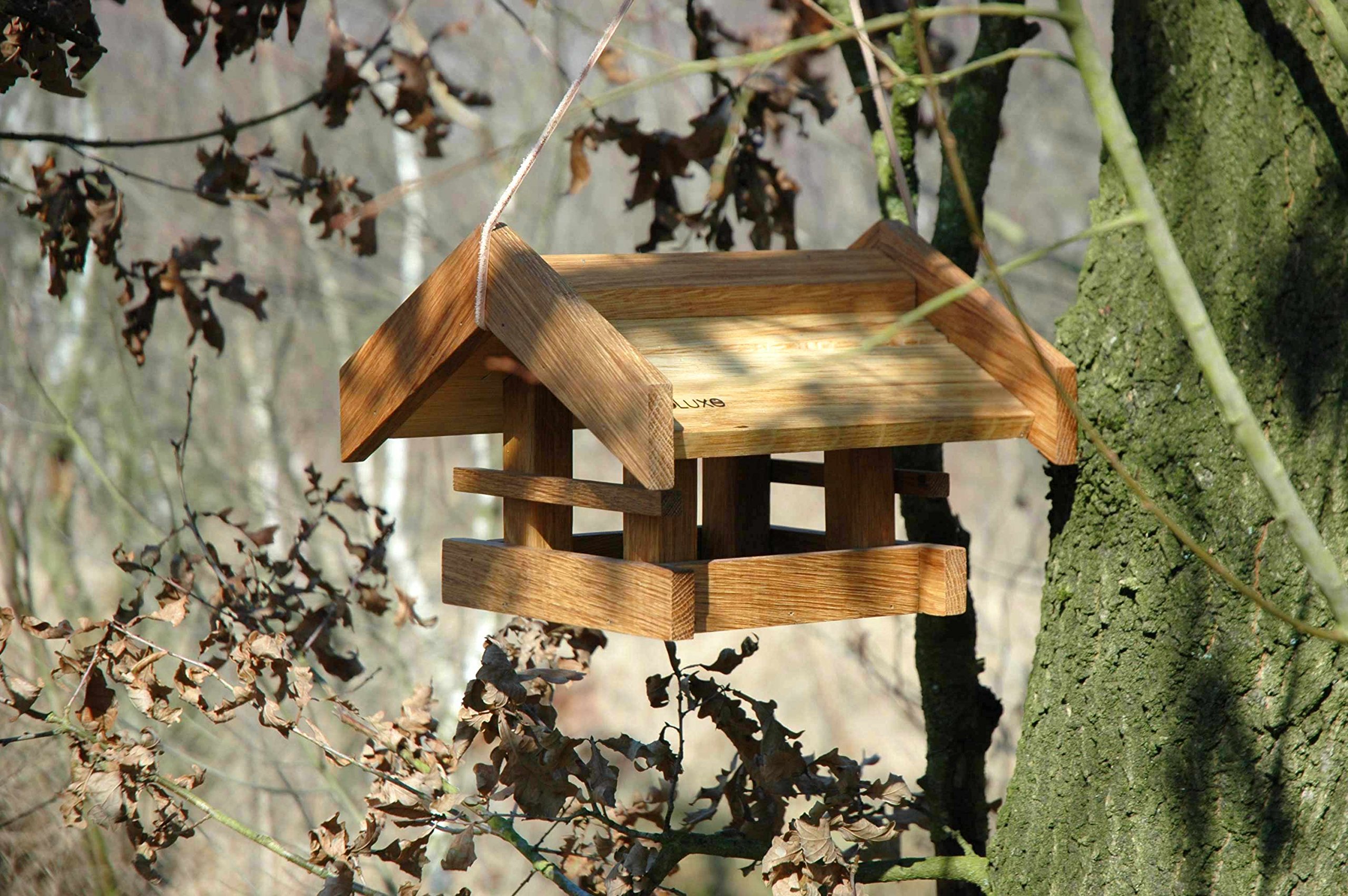 Luxus-Vogelhaus, casetta per uccelli, in legno di quercia oliato, con cordino per appenderla in giardino