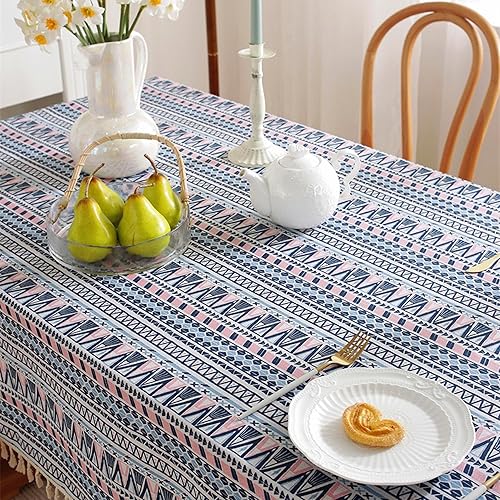 Miniatura 5 de Ropa de mesa de lino y algodón de arpillera con borlas para mesas rectangulares, a rayas, bohemio, estilo bohemio, resistente a las arrugas, mantel