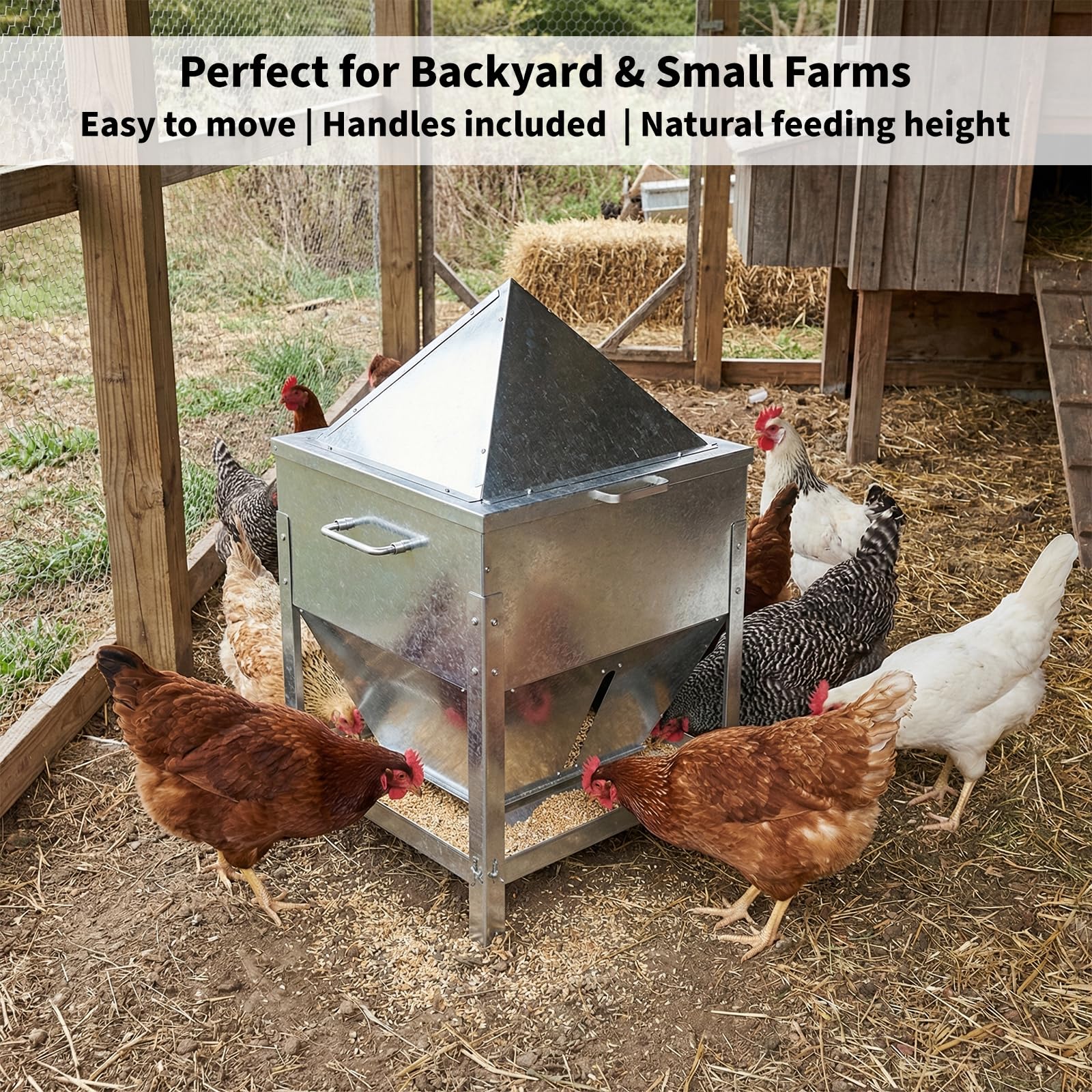 Comedero automático de pollo, comedero de pollo de gran capacidad de 80 libras, comedero de aves de corral sin residuos con patas y tapa a prueba de lluvia, comederos de metal para aves de corral al
