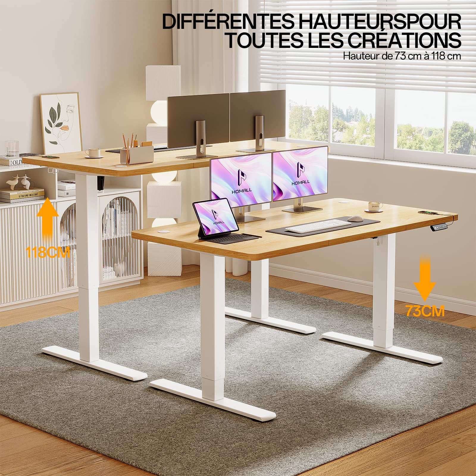 Homall Bureau Assis Debout Électrique 140 x 60 cm Table Réglable en Hauteur avec Chargeur USB, Rappel de sédentarité, 3 Positions Mémorisables, Beige