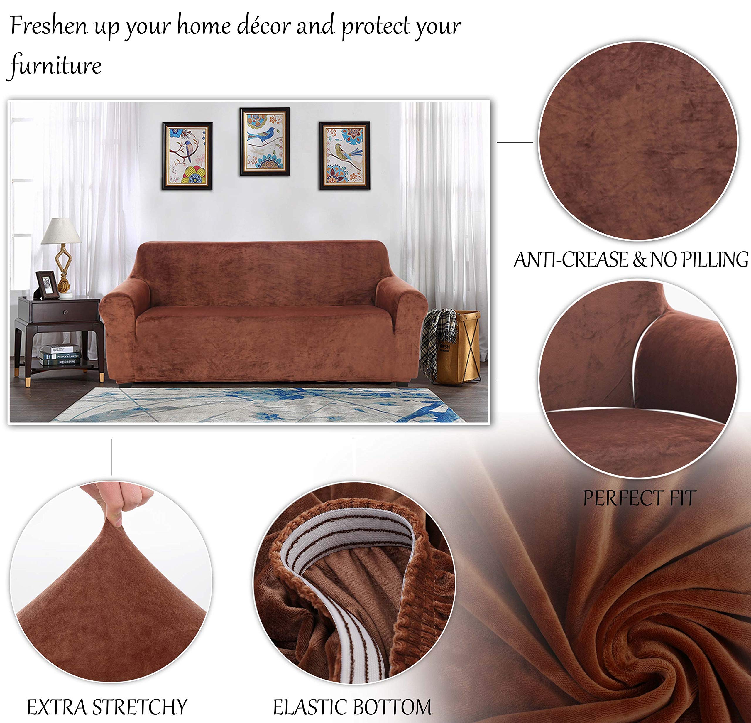 TIANSHU Copridivano 4 Posti in Velluto,Fodere Copridivani 1-Pezzo,Copridivani in morbido peluche di velluto per divano Fodere per mobili di lusso alla moda(4 Posti,caffè)