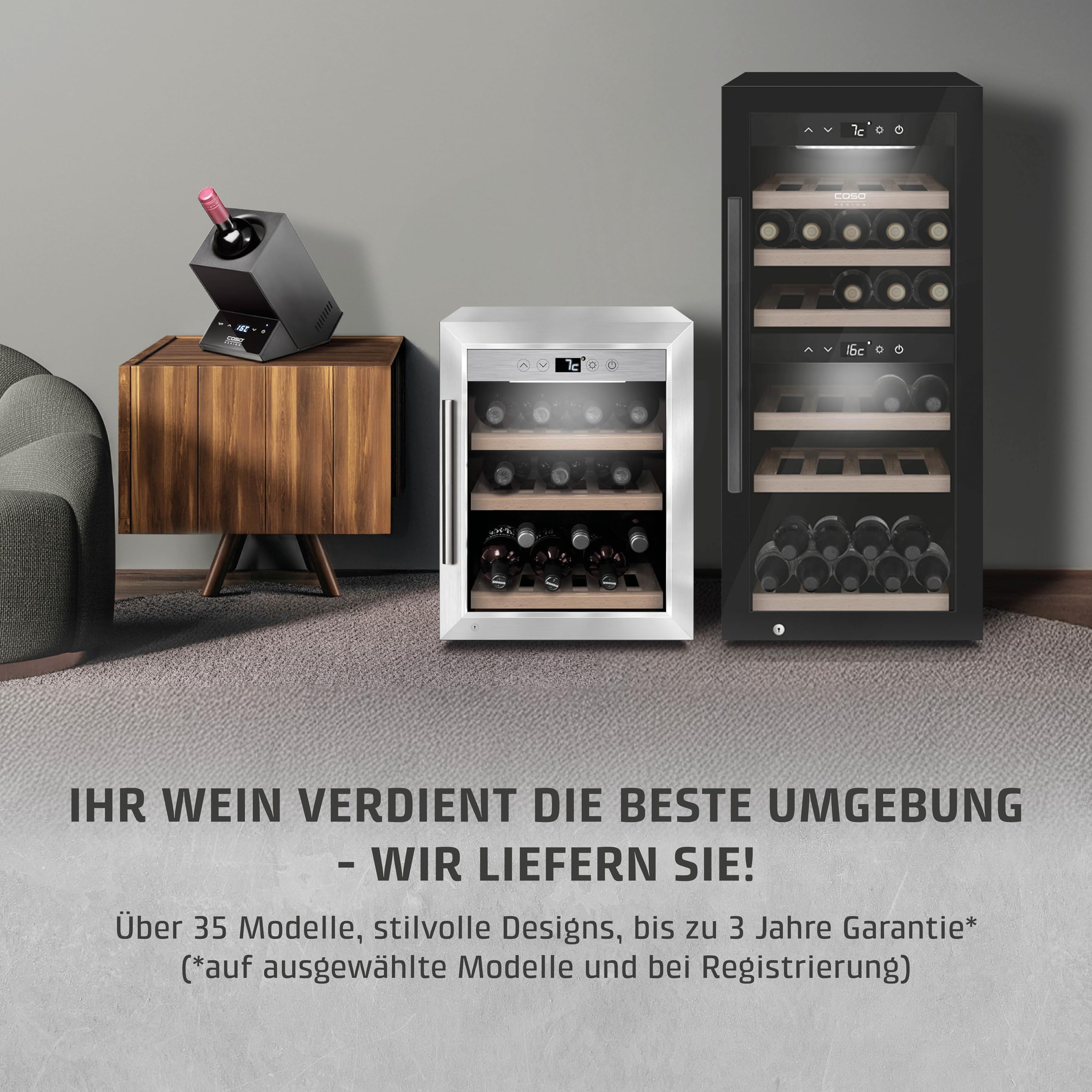 Caso WineComfort 24 black, Weinkühlschrank für 24 Flaschen, 2 Zonen auf 5-20°C einstellbar,Sensor- Touch, LED beleuchtet freistehend, UV-Filterglas, Schwarz