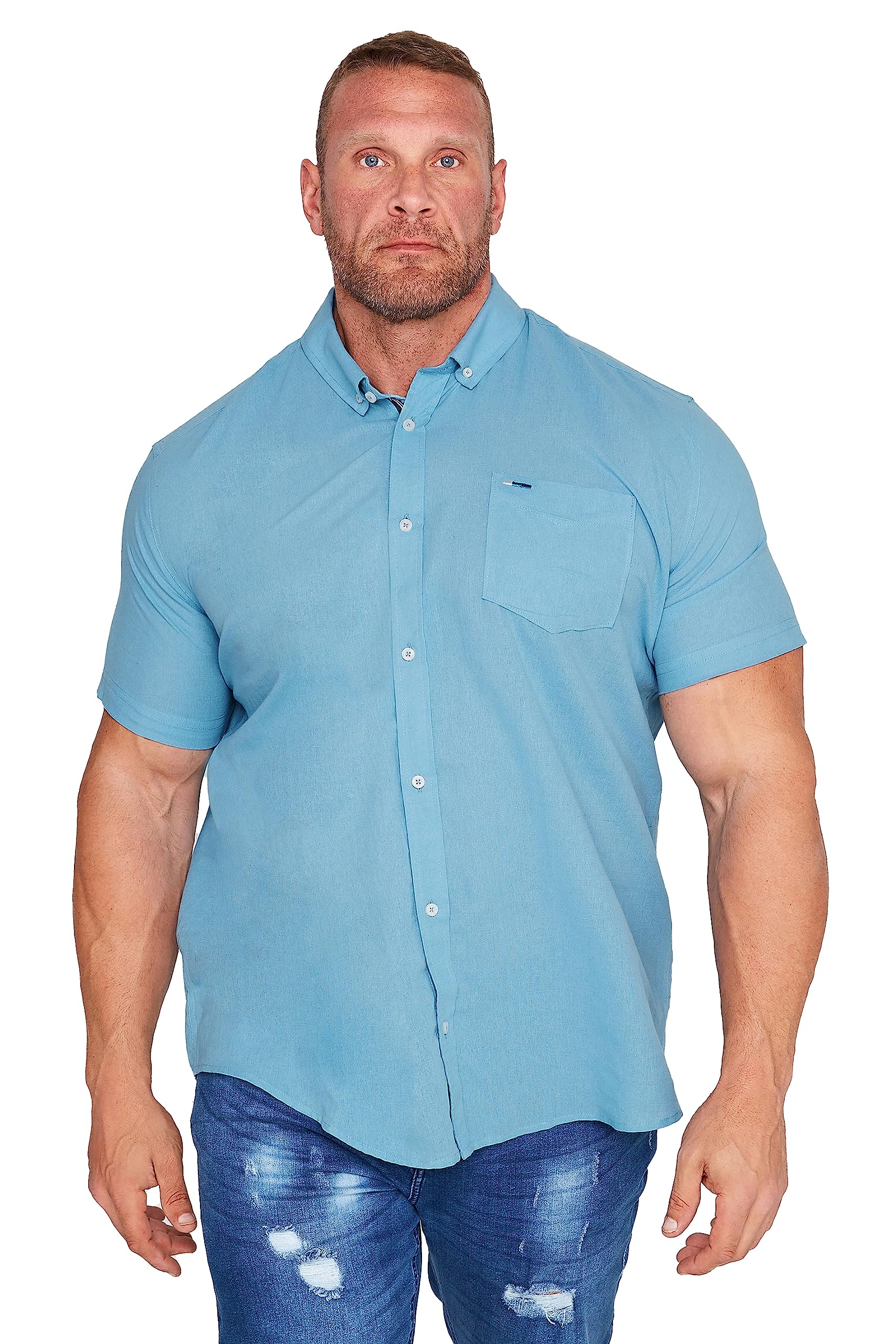 Badrhino Men's Blue Big & Tall Light Linen Blend Shirt - Plus Size Curve