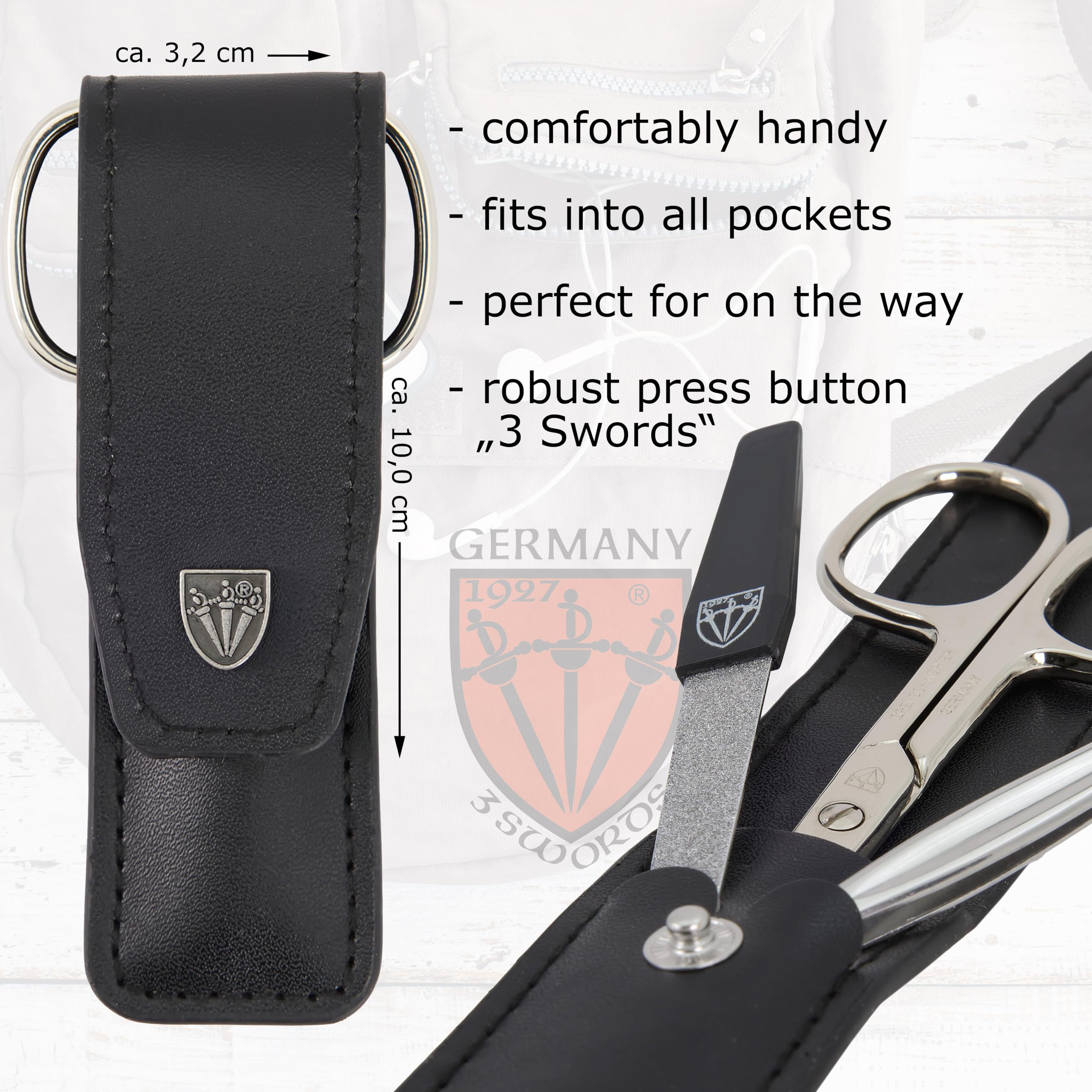 3 Swords Germany - brand quality 3 piece manicure pedicure grooming kit set for nail care with synthetic leather case black - Made by 3 Swords - Image 4