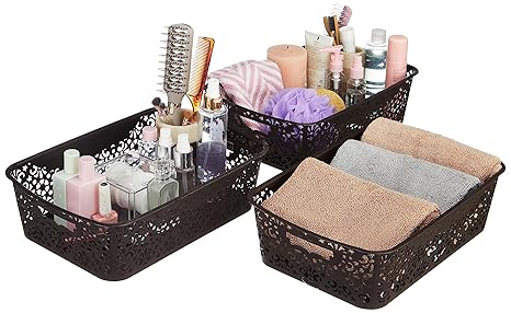 Amazon Brand - Solimo Fabric Royal Multipurpose Rectangular Storage Basket - Medium (Set Of 3, Brown)